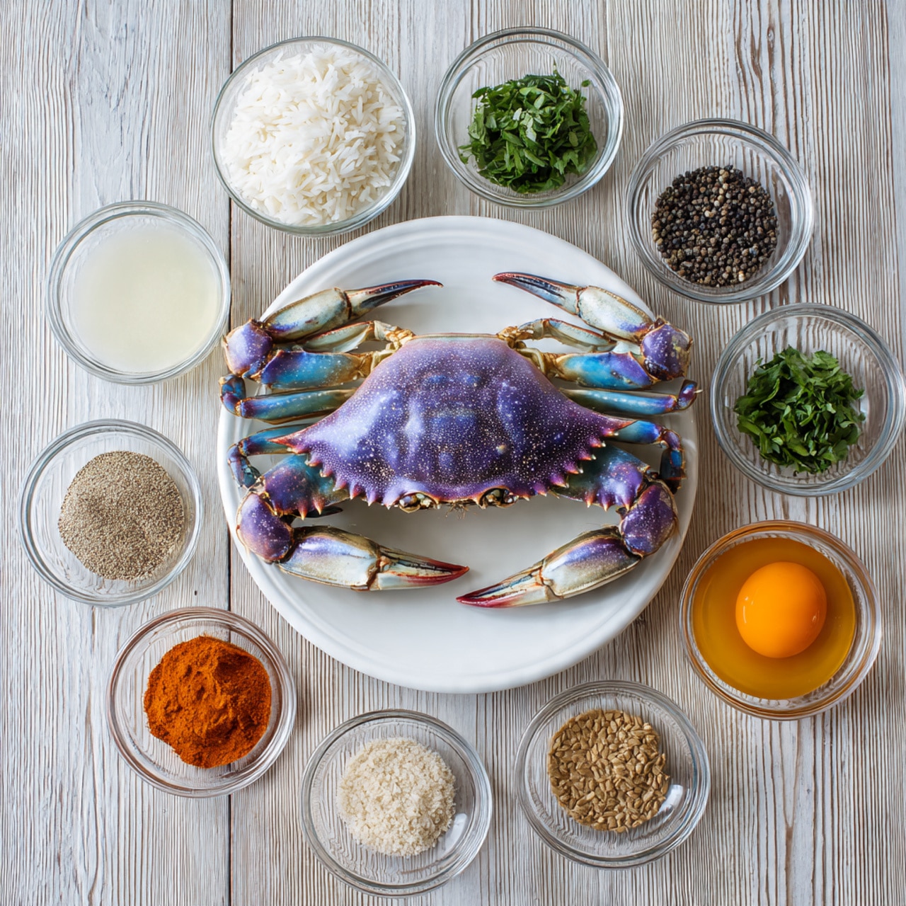 A white plate in the center holds a whole crab with purple and blue tones, placed on a light wooden surface with visible grains. Surrounding the plate are small transparent bowls arranged in a circular pattern; one bowl contains white rice, another has white liquid, one bowl holds green chopped herbs, another a reddish-orange sauce, one bowl contains a brown spice powder, another has small dark seeds, and the last one has a light orange mix resembling an egg. The overall look is neat, with all ingredients clearly visible and evenly spaced on the wooden background. photo taken with an iphone --ar 4:5 --v 7