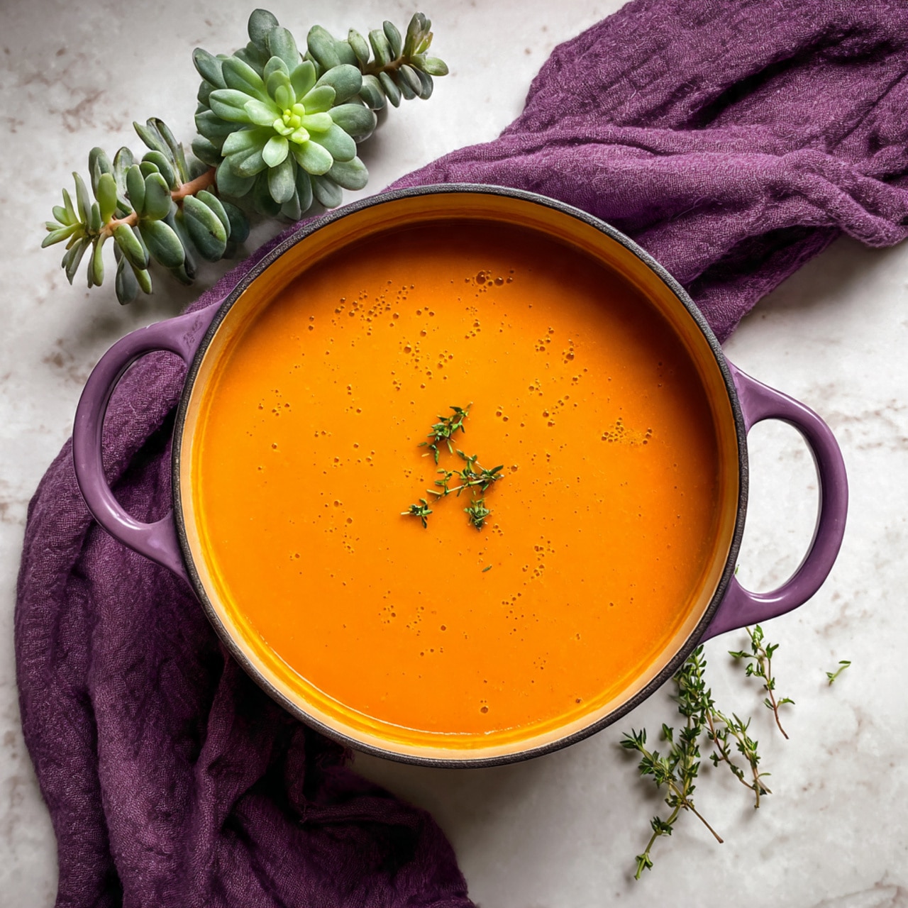 A round purple cooking pot filled with smooth, bright orange soup with a few small bubbles on the surface; two small fresh green thyme sprigs lay on top of the soup near the center. The pot is on a white marbled surface and next to it is a light green succulent plant and a crumpled deep purple cloth. Photo taken with an iphone --ar 4:5 --v 7