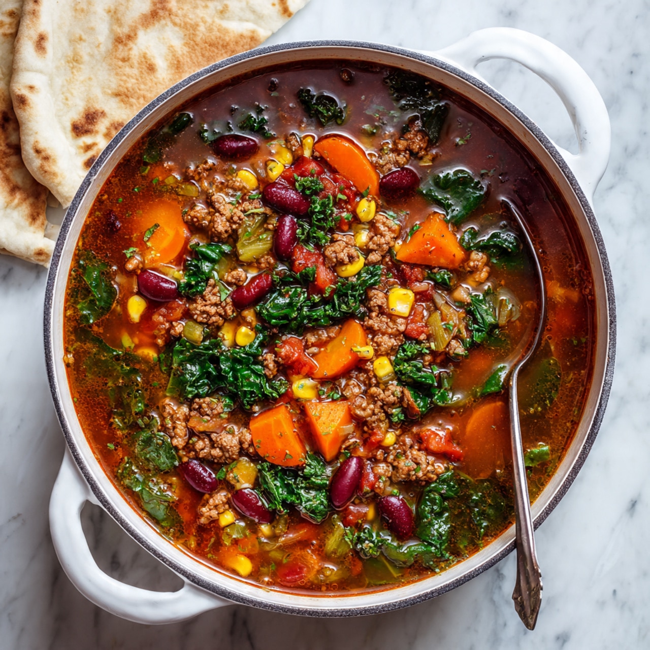 The image shows a white pot filled with a colorful soup that has multiple layers including ground meat, bright orange carrot pieces, dark green leafy vegetables, red kidney beans, and small yellow corn kernels, all mixed in a rich brownish-red broth with visible herbs and spices. The pot is placed on a white marbled surface, and there is a piece of flatbread resting beside it. Photo taken with an iphone --ar 4:5 --v 7