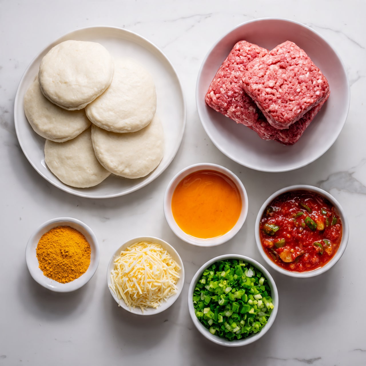 The image shows six white bowls and a white plate, all arranged on a white marbled surface. The white plate on the left holds several round, flat dough pieces that are pale and soft in texture. To the right, a large white bowl is filled with two thick blocks of raw ground meat, a mix of pink and red with a textured surface. Below the plate and bowls, five smaller white bowls showcase different ingredients: a vibrant yellow-orange fine powder, bright green chopped scallions, bright yellow grated cheese, smooth orange sauce, and chunky red salsa with visible pieces of tomato and green herbs. The setup is clean, bright, and organized. photo taken with an iphone --ar 4:5 --v 7