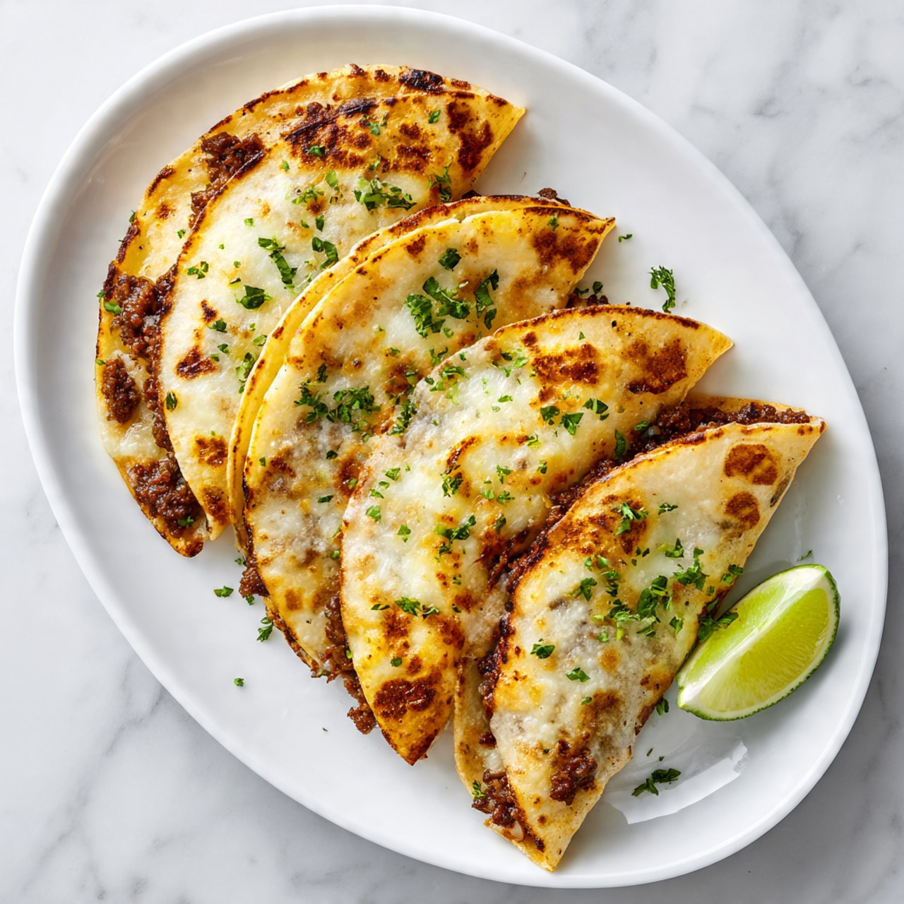 A white oval plate with three folded tacos arranged in a row, each taco showing a golden brown crispy shell with bits of melted cheese and browned spots. The tacos are garnished with chopped green herbs scattered on top, adding a fresh touch. A wedge of lime is placed at the side of the plate. The plate rests on a white marbled surface, giving a clean and bright background. photo taken with an iphone --ar 4:5 --v 7