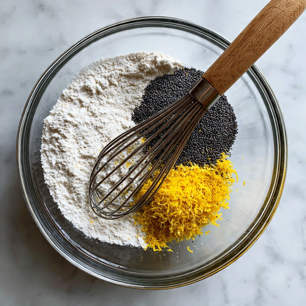 A clear glass bowl containing three visible layers: a bottom layer of white flour, a middle layer of small black poppy seeds, and a small pile of yellow lemon zest on the right side. A metal whisk with a wooden handle is resting inside the bowl, positioned diagonally. The bowl is placed on a white marbled surface. photo taken with an iphone --ar 4:5 --v 7