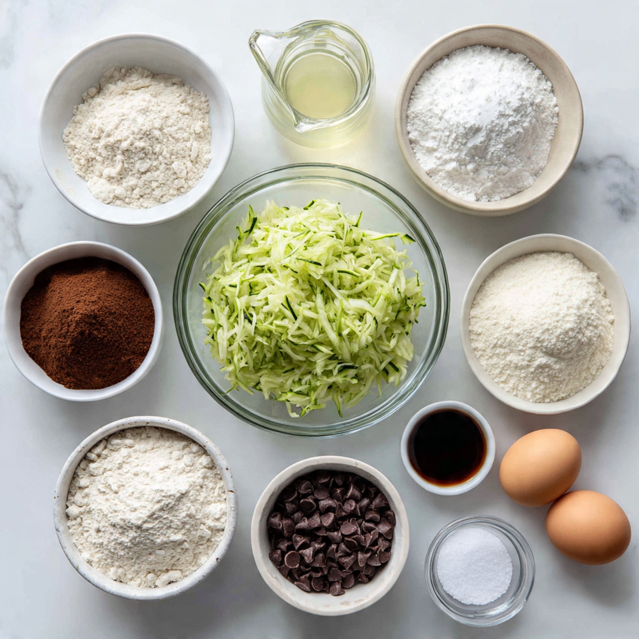 A top-down view of several clear and white bowls placed on a white marbled surface, each filled with different ingredients for baking. The central bowl contains a heap of shredded green zucchini, while surrounding it are bowls with white sugar, flour, brown sugar, cocoa powder, and chocolate chips, a small glass jug with a clear liquid, and two whole white eggs. There is also a small white bowl with a white creamy ingredient, a small jar of dark vanilla extract, and a small container of salt, all neatly arranged with clean spacing between them. Photo taken with an iphone --ar 4:5 --v 7