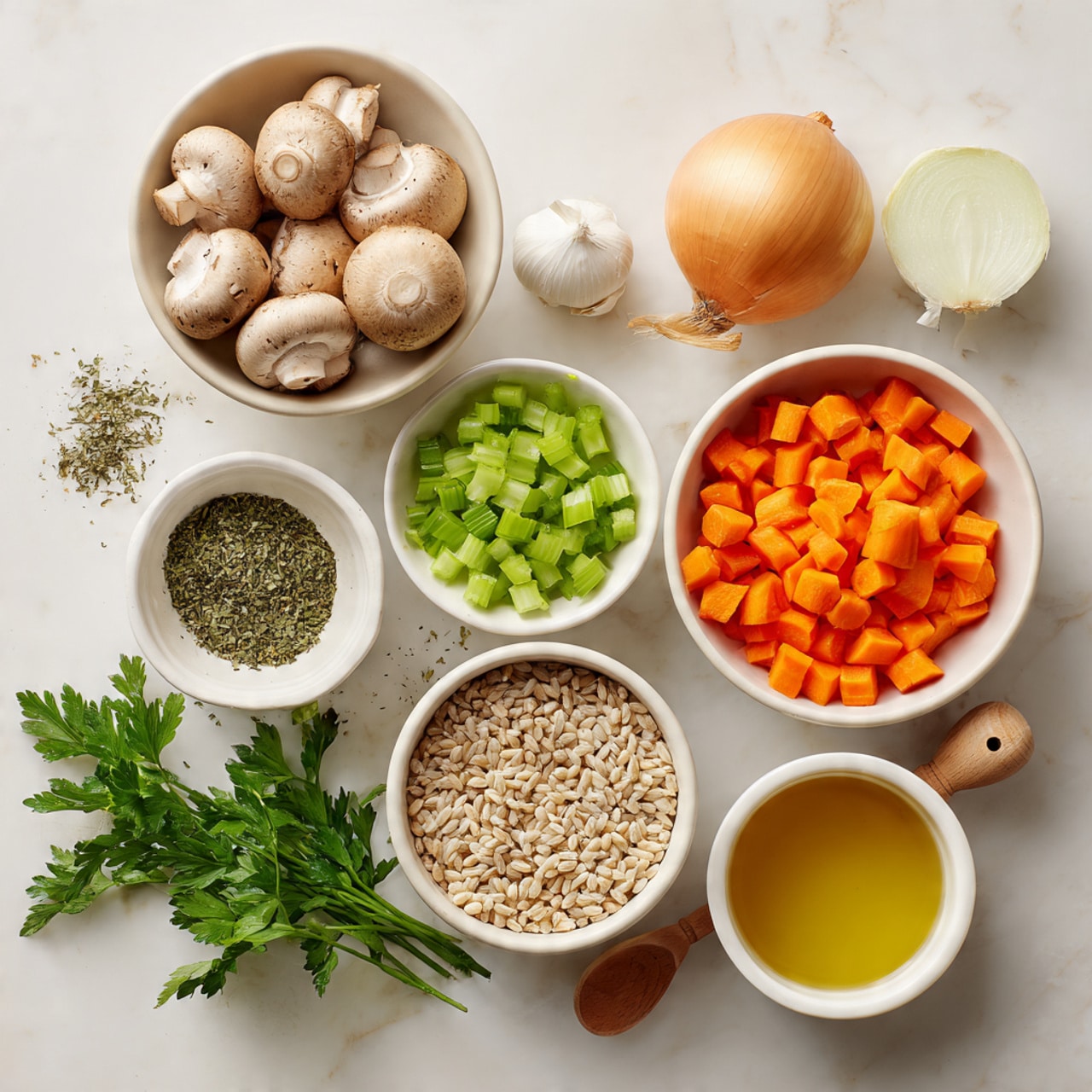 The image shows seven white bowls placed on a white marbled surface, each filled with different cooking ingredients. Starting from the top left, a bowl holds round, whole mushrooms with a beige-brown color and a smooth texture. To its right, a bowl contains a whole light yellow onion and a small white garlic bulb nearby on the surface. Below the mushrooms is a bowl filled with bright orange diced carrots, neatly cut into small cubes. Next to it, a bowl contains chopped green celery, also cut into small pieces. Beside the carrots and celery, a bowl holds uncooked light beige barley grains with a smooth, oval shape. In the bottom left corner, fresh green parsley leaves are placed beside a bowl filled with crushed dried herbs and a small wooden spoon resting inside. Finally, at the bottom right, there is a small white bowl filled with golden-yellow liquid, likely broth or oil. The ingredients are arranged symmetrically and brightly lit, creating a fresh cooking scene photo taken with an iphone --ar 4:5 --v 7