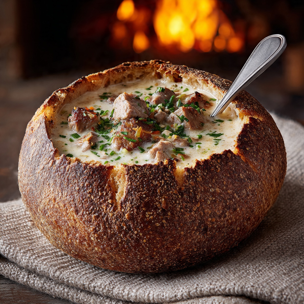 A thick soup served inside a round loaf of brown crusty bread with the top cut open. The creamy soup fills the inside and slightly overflows at the edges, topped with small chunks of tender meat and sprinkled with chopped green herbs. A silver spoon rests inside the bread bowl, and the bread sits on a beige knitted cloth. The background shows a warm, softly blurred fireplace with glowing flames, creating a cozy and inviting setting. Photo taken with an iphone --ar 4:5 --v 7