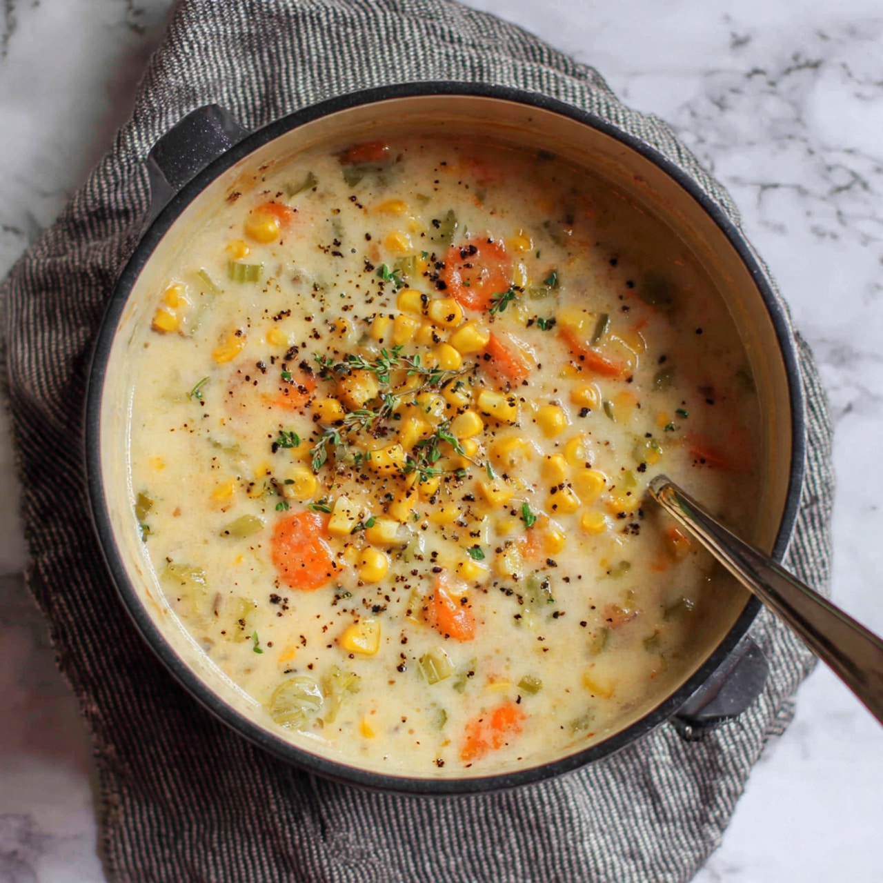 The image shows a pot full of creamy soup with three main layers: the base layer is a smooth, light cream color broth, the middle layer has bright yellow corn kernels scattered evenly, and the top layer shows soft, orange carrot slices mixed with small pieces of green celery and bits of herbs. The soup looks thick and mixed, with some black pepper and small green herb bits floating on top, and a spoon is partly submerged on the right side. The pot is placed on a rough gray cloth with a white marbled surface underneath. Photo taken with an iphone --ar 4:5 --v 7