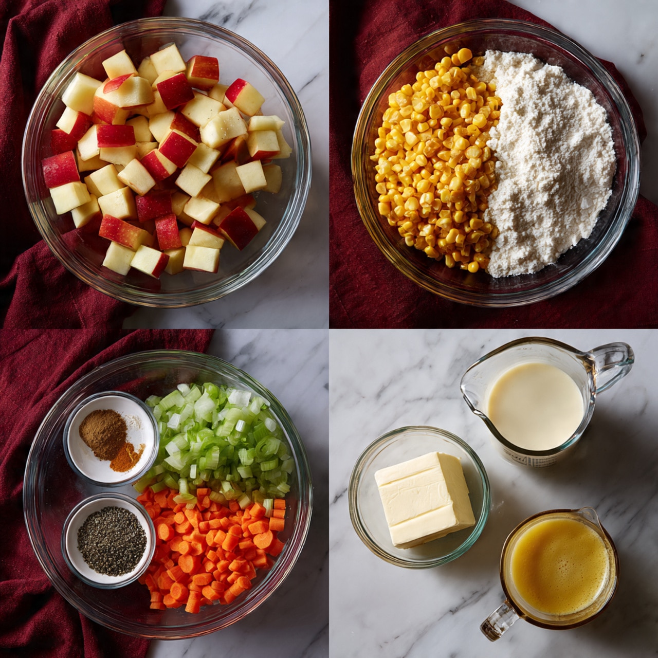 This image shows four smaller photos arranged in a grid on a white marbled surface with a dark red cloth in the background. The top left photo has three clear glass bowls: the top bowl holds red and yellow apple pieces, the bottom left bowl contains roasted corn kernels, and the bottom right bowl is divided into three sections with finely chopped orange carrots, white onions, and green celery. The top right photo has two clear glass bowls side by side, one with white flour and the other with a block of butter. The bottom left photo shows a white bowl with black pepper, salt, and a brown spice mix. The bottom right photo features two clear glass measuring cups, one filled with cream and the other with yellow broth. Photo taken with an iphone --ar 4:5 --v 7