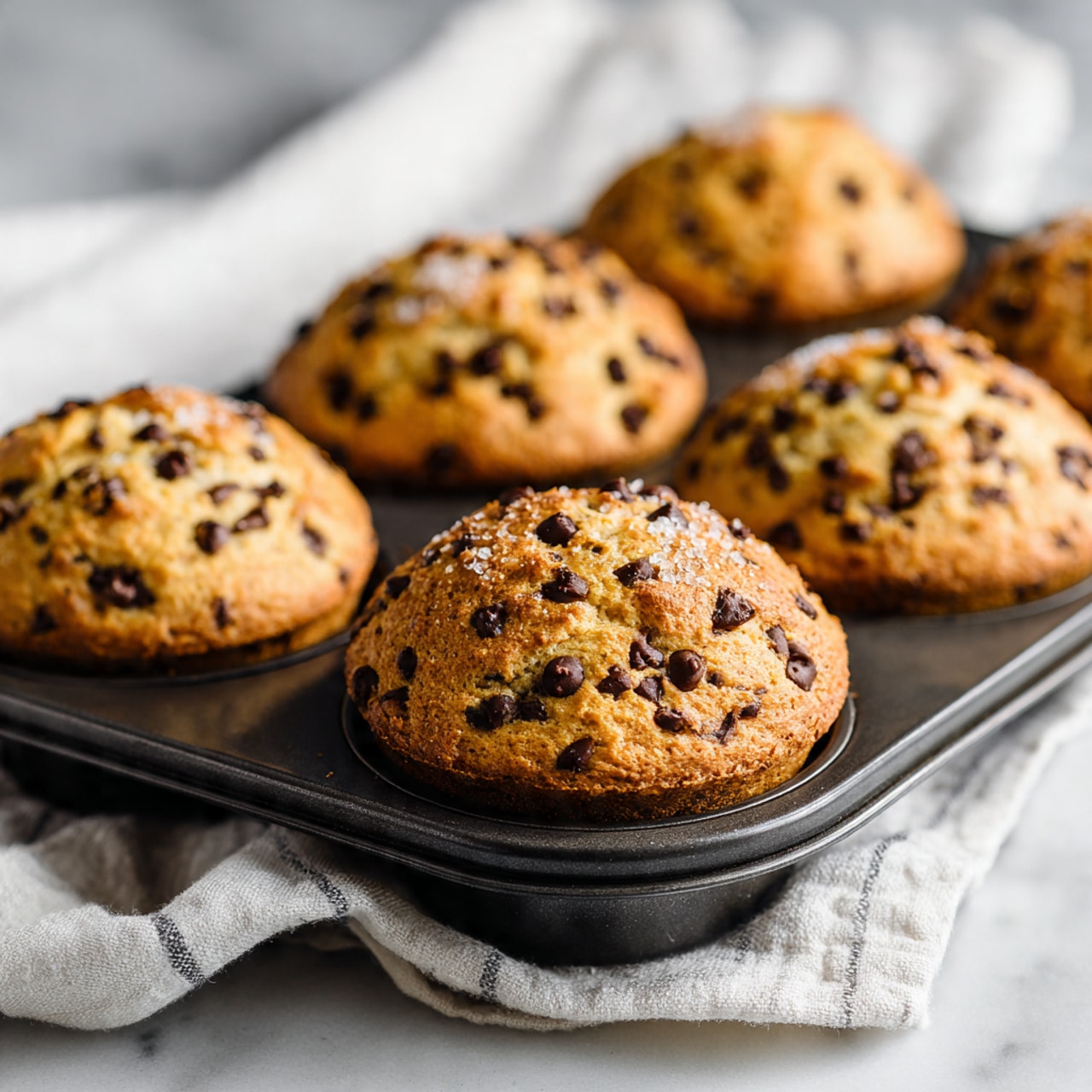 The image shows a close view of six muffin-shaped chocolate chip scones, each round and domed with a rough golden-brown crust full of dark brown chocolate chips. The scones sit tightly in a black metal muffin tray with a slightly shiny surface, and the tray rests on a white marbled background partly covered with a white and light gray striped towel. The edges of the scones have a nice texture with a few sugar crystals sparkling on top. Photo taken with an iphone --ar 4:5 --v 7