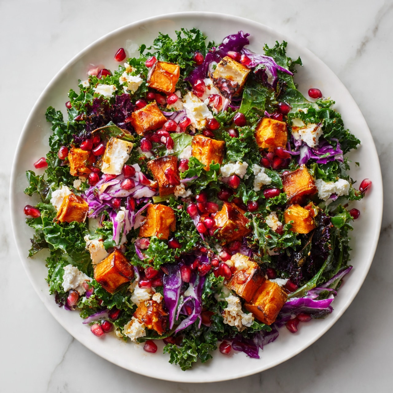 A white plate filled with a colorful salad on a white marbled surface. The salad has layers of green kale leaves as the base, with small cubes of bright orange sweet potatoes scattered on top. There are bits of creamy white cheese and tiny ruby red pomegranate seeds spread evenly throughout. Purple cabbage adds a splash of color, finely shredded and mixed in. The texture shows crunch from the kale and cabbage, softness from the sweet potatoes, and small juicy bursts from the pomegranate seeds. photo taken with an iphone --ar 4:5 --v 7