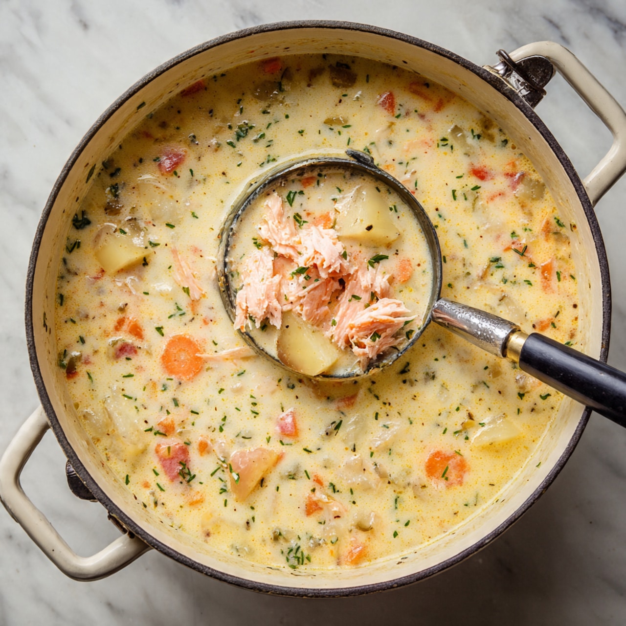 A large pot filled with creamy chowder-like soup, showing a thick light beige broth mixed with small pieces of orange carrot, pinkish chunks of salmon, bits of diced potato, and flecks of green herbs. The soup looks hearty and textured with visible soft ingredients floating evenly throughout. A black ladle with a silver handle sits in the pot, holding a portion of the soup with the same mix of ingredients, highlighting the salmon and carrot pieces clearly against the creamy base. The setting is on a white marbled surface. photo taken with an iphone --ar 4:5 --v 7