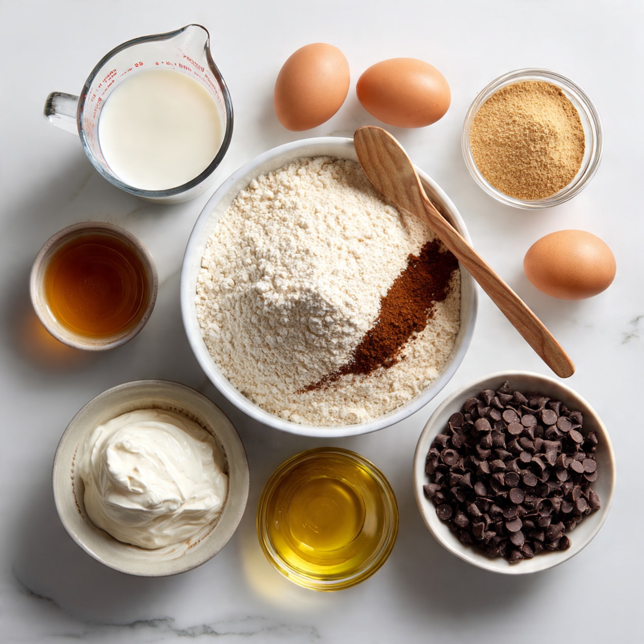 The image shows a white marbled surface with baking ingredients arranged neatly. In the top right, there is a large white bowl filled with three layers of dry ingredients: a light beige flour layer covering most of the bowl, a small brown spice patch on the left side, and a white powder layer peeking through under a wooden spoon resting inside. Around the bowl, clockwise from left top, there's a transparent measuring cup with white milk, a small clear bowl with brown liquid, two brown eggs placed side by side, a small cup with light yellow liquid, a small glass jar filled with amber syrup, a clear bowl with thick white yogurt with a small wooden spoon in it, a small clear bowl filled with golden oil, and a white bowl full of dark brown chocolate chips. The setup is clean and organized, with different colors and textures making the ingredients distinct. Photo taken with an iphone --ar 4:5 --v 7