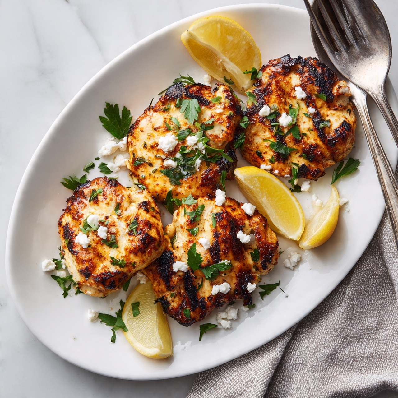 The dish shows four golden-brown grilled pieces with a slightly charred texture on a long white plate. The pieces are sprinkled with small white cheese crumbs and bright green parsley leaves, adding fresh color and texture. There are three bright yellow lemon wedges tucked in among the grilled pieces. A fork and a spoon rest together at the top right of the plate. The plate sits on a white marbled surface with a light gray textured cloth in the top right corner. photo taken with an iphone --ar 4:5 --v 7