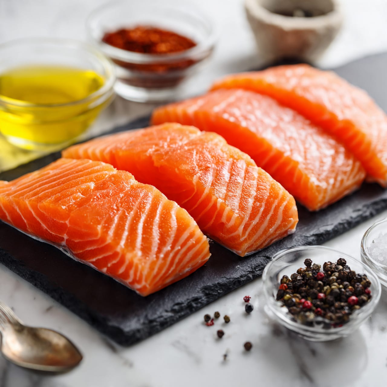 The image shows four thick slices of fresh salmon with bright orange color and white marbling, placed side by side on a dark rectangular slate board. Around the board, there are small glass bowls holding light yellow olive oil, dark red spice powder, coarse salt, and black peppercorns. A woman's hand with a metal spoon is near the bowls, and the background is a white marbled surface. photo taken with an iphone --ar 4:5 --v 7