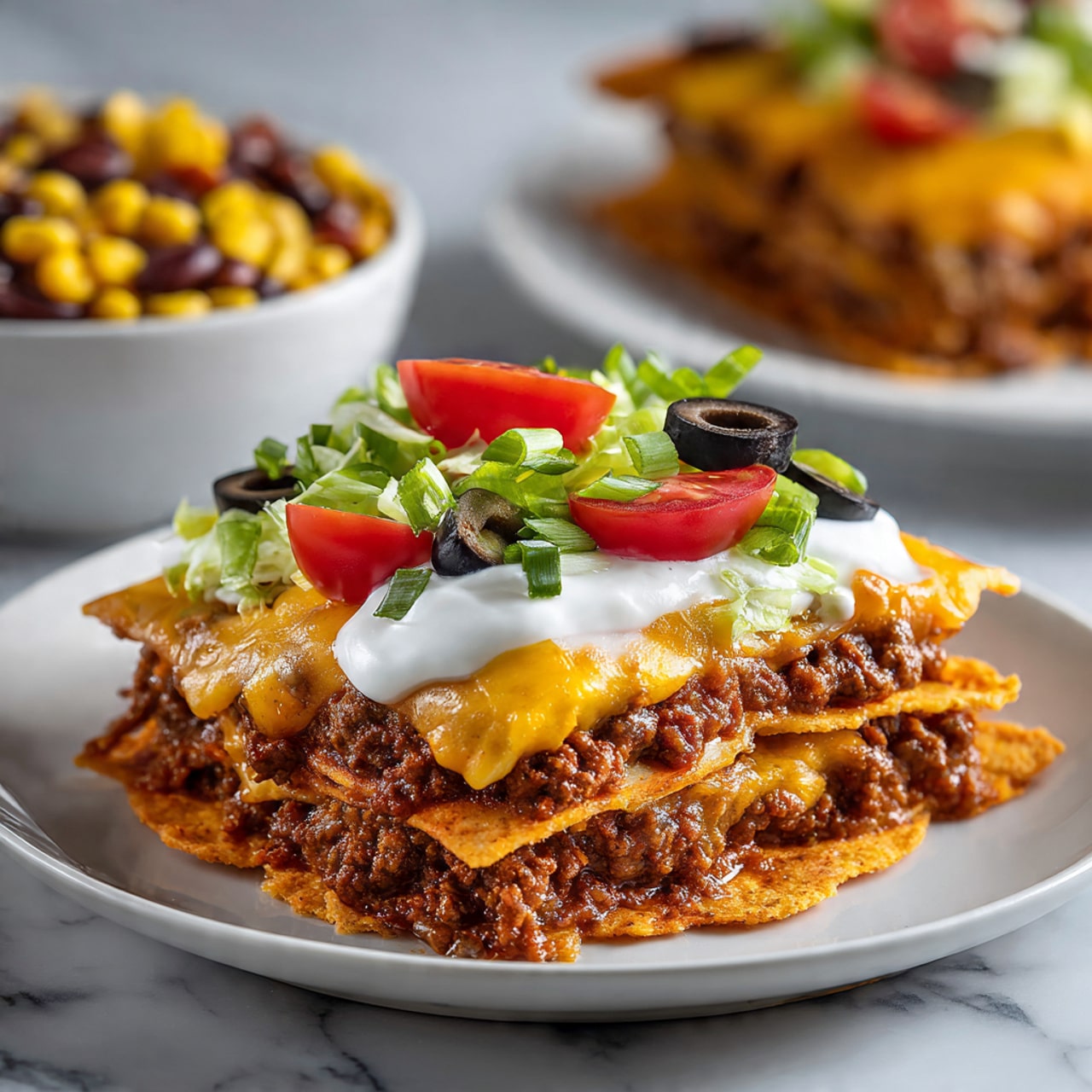 The dish is a slice of layered nacho casserole on a white plate, set on a white marbled surface. The bottom layer consists of crispy orange nacho chips. Above that, there is a rich, brown ground beef layer mixed with melted yellow cheese. The next layer is melted cheddar cheese in a thick, vibrant yellow-orange color. On top of the cheese, there are fresh vegetable toppings including red cherry tomato slices, black olive pieces, green chopped scallions, and leafy lettuce bits. The entire piece is drizzled with smooth white sour cream. In the background, a white bowl filled with a colorful mix of beans and corn is slightly blurred. Photo taken with an iphone --ar 4:5 --v 7