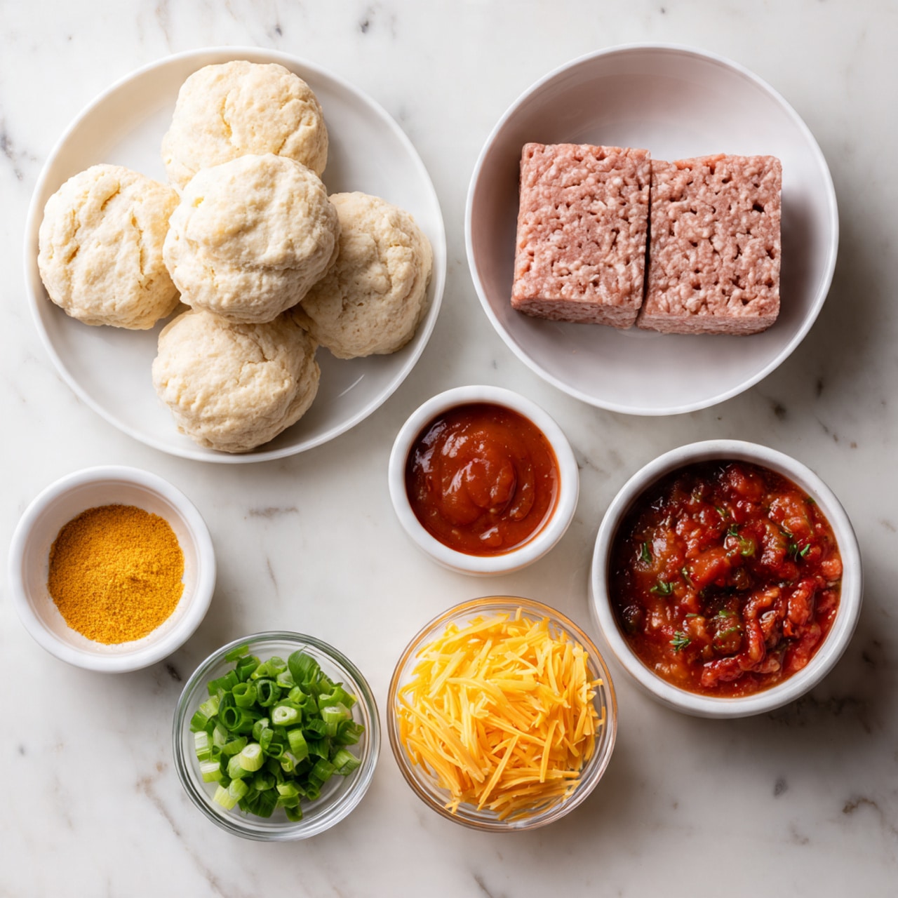 The image shows six white bowls and plates arranged on a white marbled surface. On the top left, a white plate holds a stack of uncooked biscuit dough rounds, light beige in color with a soft texture. To the right of the plate, there is a white bowl filled with two square blocks of raw ground meat, pink and textured with visible strands. Below the plate and bowl, from left to right, there is a small white bowl with bright yellowish-orange powdered seasoning, another small white bowl with chopped green onions displaying a fresh, vibrant green color, a clear bowl with shredded bright yellow cheddar cheese, a white ramekin with smooth, reddish-brown sauce, and another white ramekin containing chunky red salsa with bits of green herbs. Photo taken with an iphone --ar 4:5 --v 7