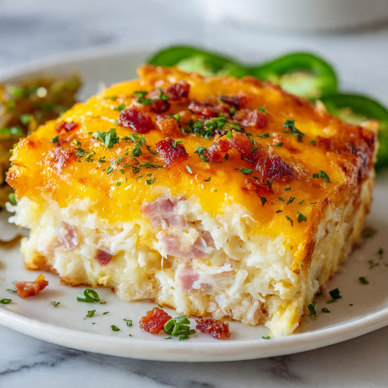 A close-up view of a cheesy breakfast casserole showing two main layers: the bottom layer is a creamy, soft mix of shredded potatoes with small pieces of cooked ham, which is pale yellow and slightly speckled; the top layer is melted, bright yellow cheddar cheese with browned spots and bits of green herbs scattered across, along with small chunks of red cooked meat; the dish sits on a white plate with some green sliced peppers and herbs on the side, all placed on a white marbled surface, photo taken with an iphone --ar 4:5 --v 7