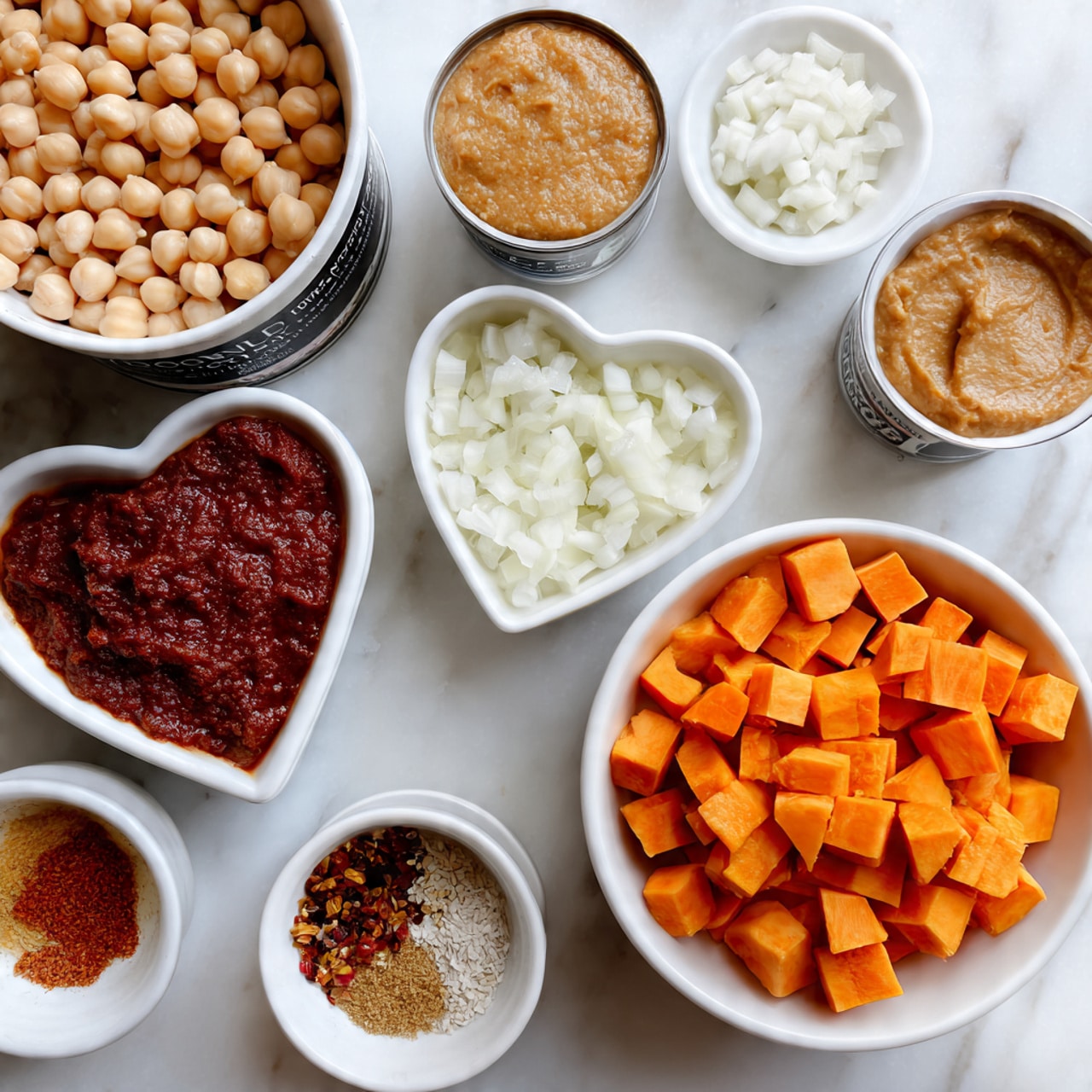 The image shows several small white bowls and two cans arranged on a white marbled surface. On the right side, a white bowl is filled with bright orange cubes of sweet potato. Above it, a larger white bowl contains small white diced onions. To the left, there is a bowl filled with light beige chickpeas. Nearby, a heart-shaped white dish holds a thick dark red paste. There are also three small round white bowls: one with creamy brown paste, one with small white pieces of garlic, and one with mixed brown and reddish spices. Two cans, one with a black label showing coconut and the other with red chopped tomatoes, are placed near the top left. photo taken with an iphone --ar 4:5 --v 7