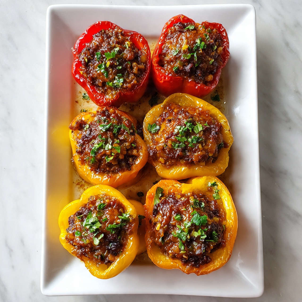 A white rectangular dish holds six stuffed bell pepper halves arranged in two rows of three. Each pepper is either red or yellow, with the top opened to show a rich, dark brown meat filling mixed with finely chopped herbs and sauce. The peppers have a smooth and slightly shiny outer skin. The dish is placed on a white marbled surface. photo taken with an iphone --ar 4:5 --v 7