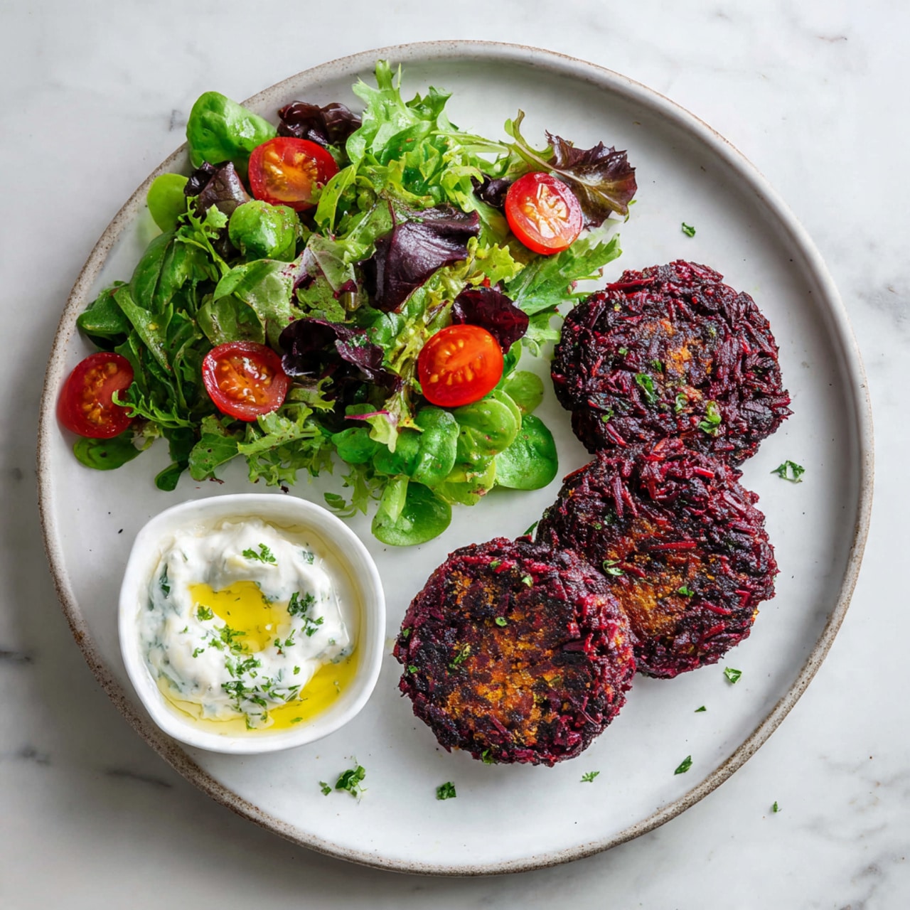 A round white plate on a white marbled surface holds three dark purple patties made of shredded vegetables, placed on the right side of the plate. On the left, there is a fresh green salad with mixed leafy greens and halved red cherry tomatoes. At the bottom left, a small square white bowl contains a creamy white sauce with green herbs and a drizzle of golden olive oil on top. The overall layout is clean and simple with a homemade feel, photo taken with an iphone --ar 4:5 --v 7
