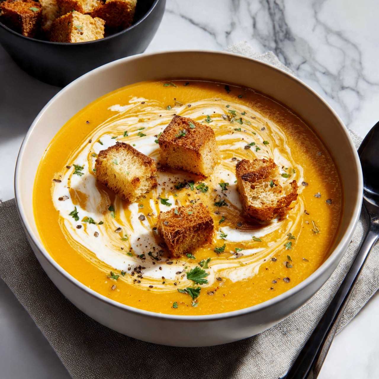 A white bowl sits on a white marbled surface with a light gray cloth underneath. Inside the bowl is a thick orange soup that fills most of the bowl. On top of the soup, there is a swirl of white cream. Scattered on the cream and soup are small green herb pieces. Three large, golden brown croutons are placed slightly on the cream swirl. In the background, there is a spoon and a black bowl filled with similar croutons. The photo taken with an iphone --ar 4:5 --v 7