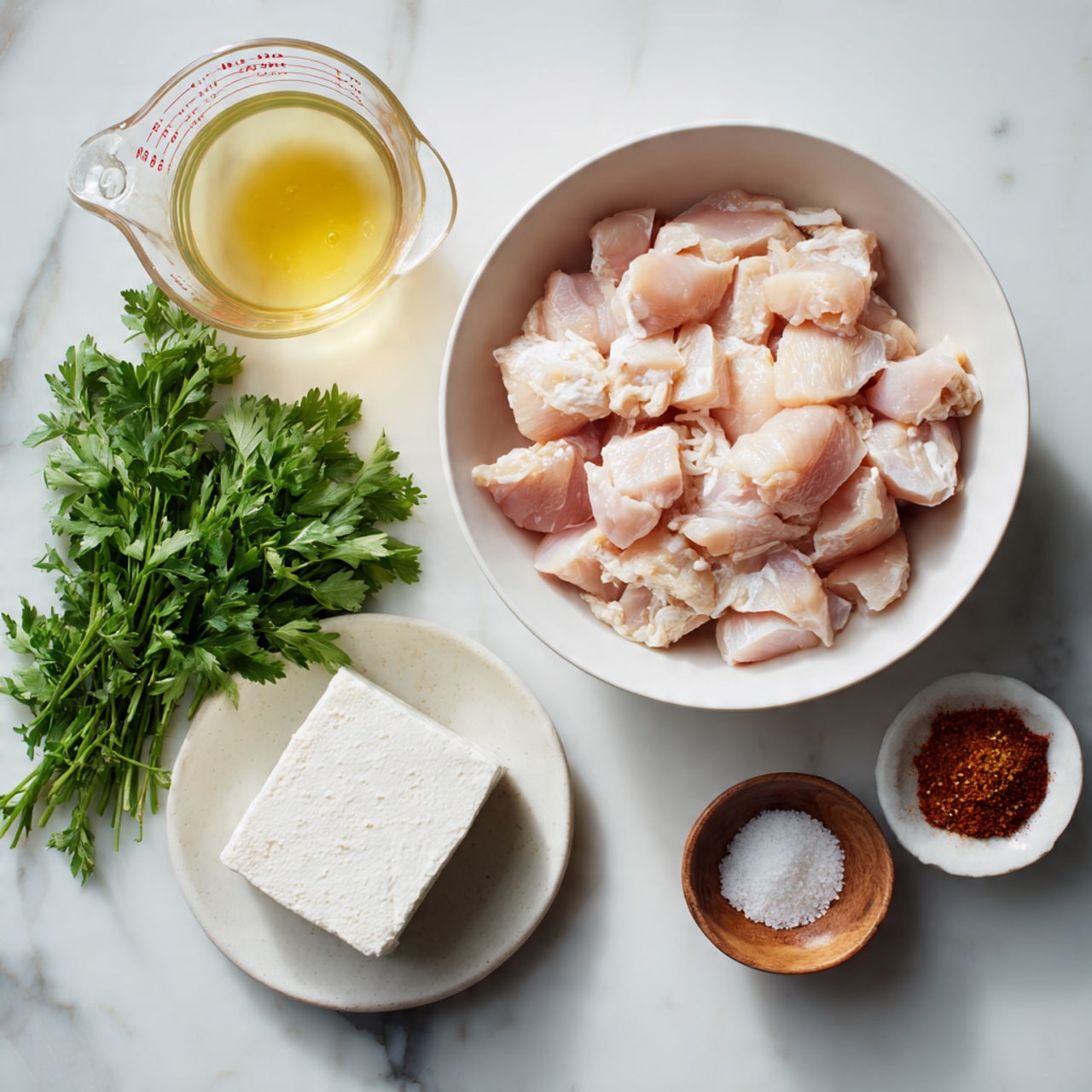 A white bowl filled with raw pale pink chicken pieces sits on a white marbled surface. Next to it is a glass measuring cup with light yellow liquid inside. Below the bowl, a small white plate holds a round block of soft white cheese, and to its left is a bunch of fresh green parsley. To the right of the cheese, two small white bowls contain reddish powder and white salt. Below them, a wooden small bowl is filled with light brown honey or syrup. The whole scene is clearly lit and neat, showing fresh ingredients. Photo taken with an iphone --ar 4:5 --v 7