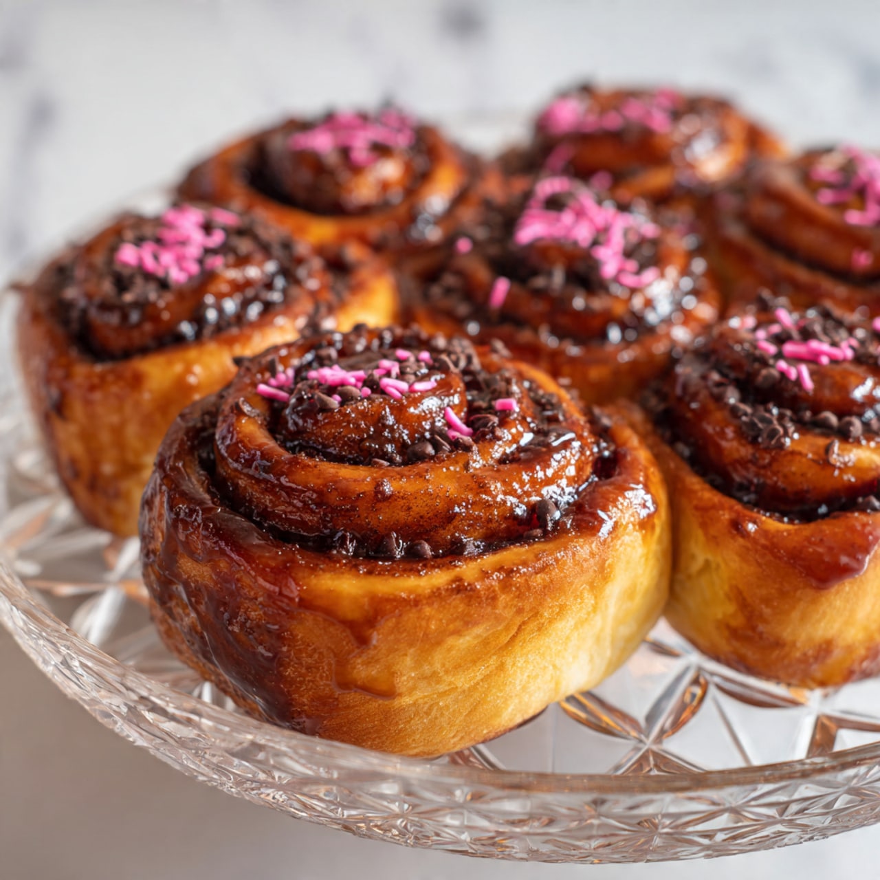 The image shows several cinnamon rolls closely placed on a clear glass plate with a detailed star-like pattern. Each cinnamon roll has a thick, soft, golden-brown dough base with a visible spiral texture. The top of the rolls is covered in a shiny, sticky dark brown glaze that looks slightly thick and syrupy. Scattered on top of the glaze are small, thin, pink sprinkles adding a pop of color and small dark chocolate chips embedded in some areas that add texture contrast. The setting features a white marbled surface under the plate. photo taken with an iphone --ar 4:5 --v 7