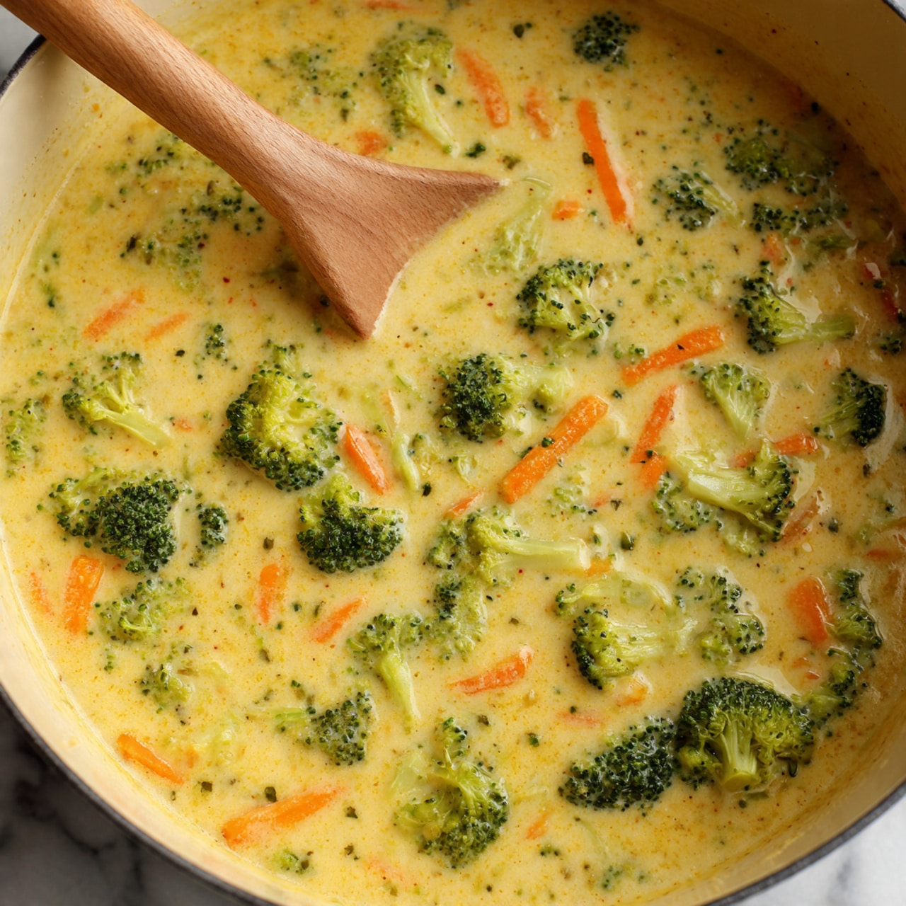 The image shows a close-up view of a creamy yellow soup filled with visible pieces of broccoli and thin orange carrot sticks. The soup has a smooth and thick texture with small bits of cooked onions or celery throughout, all being stirred with a light wooden spoon that curves gently. The broccoli pieces are vibrant green and scattered evenly around the soup, while the carrots add a pop of color with their bright orange. The pot edge is partially visible, and the background is a white marbled texture. photo taken with an iphone --ar 4:5 --v 7