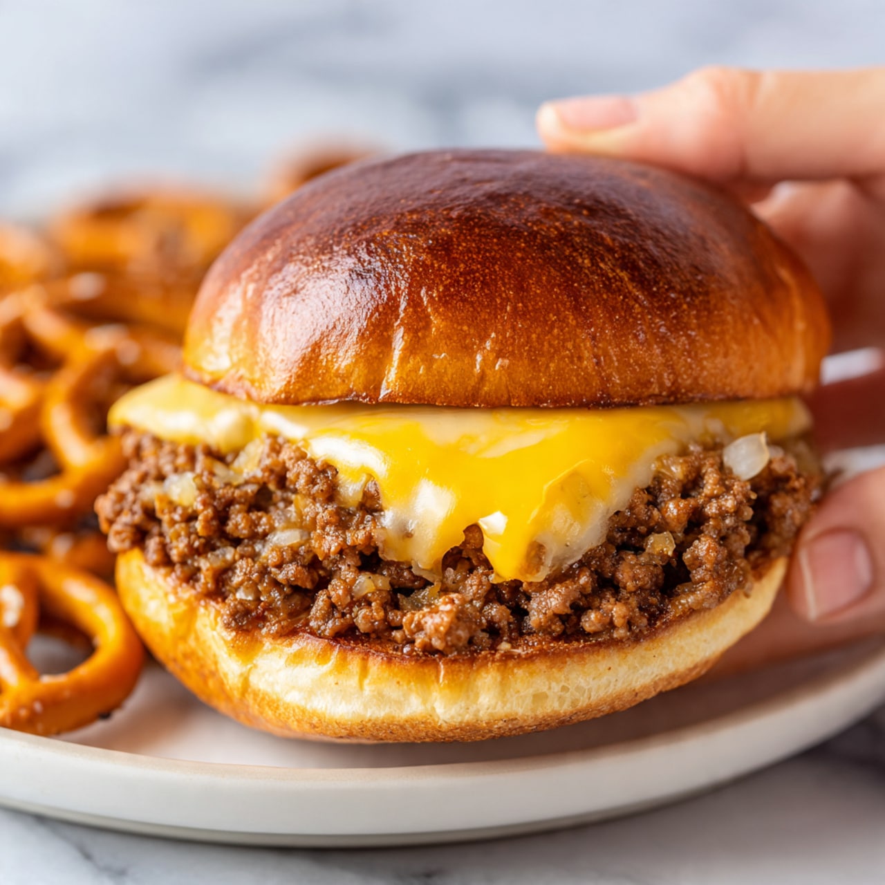 A close-up of a sandwich held by a woman's hand shows a shiny, dark brown toasted bun on top and bottom. Inside the sandwich, there is a thick layer of cooked ground meat mixed with small pieces of translucent sautéed onions, topped by a smooth, melted pale yellow cheese that slightly drapes over the meat. The sandwich sits on a white plate scattered with small, twisted golden pretzels, all atop a white marbled surface. Photo taken with an iphone --ar 4:5 --v 7