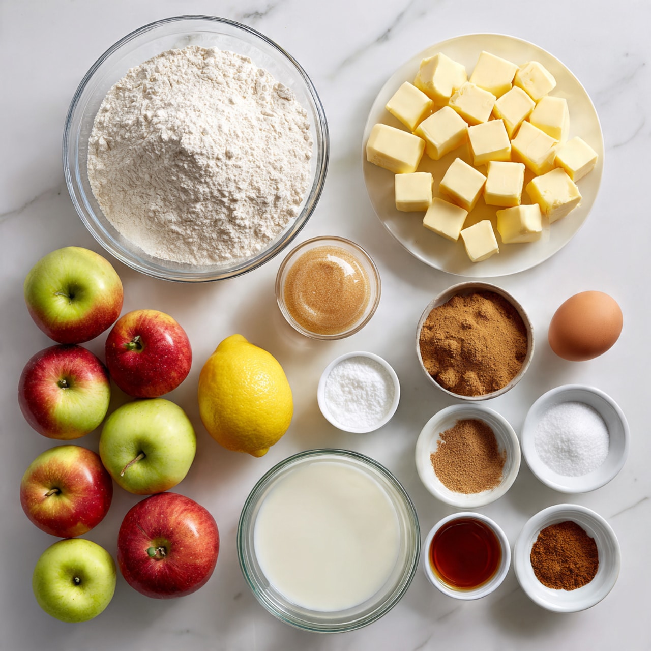 The image shows various baking ingredients arranged neatly on a white marbled surface. There is a large clear glass bowl filled with white flour near the top left. To the right of it, a white plate holds many small yellow cubes of butter. Below the flour and butter, there are six whole apples in two varieties, red-yellow and green, grouped on the left side. In the middle, a whole yellow lemon is placed next to a round bowl of light brown sugar. There are small white bowls containing coarse white salt, baking powder, and vanilla extract. Near the bottom right, there is a single brown egg. A clear glass of water and a round bowl of light cream or milk are placed towards the lower center. The bottom right also includes a small white bowl with a mix of brown cinnamon and ginger powder. Everything is spaced evenly with clear visibility of each ingredient. photo taken with an iphone --ar 4:5 --v 7