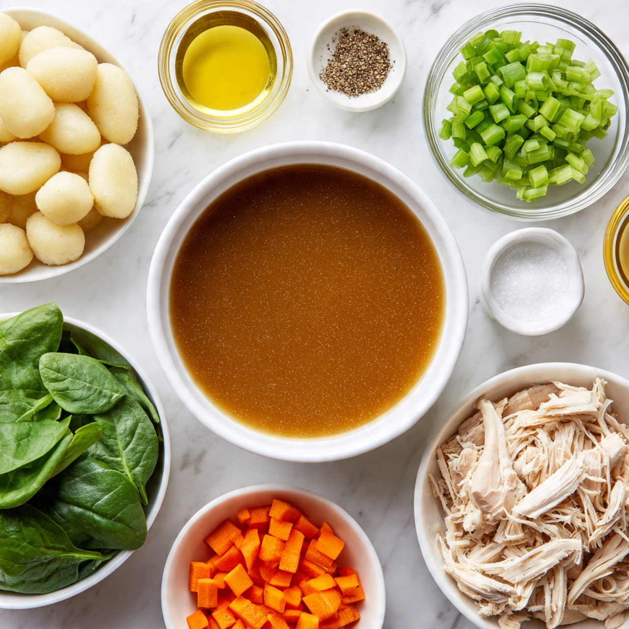 An overhead view of several small white bowls arranged neatly on a white marbled texture. The largest bowl in the center holds a rich brown broth with a smooth surface. Surrounding it, starting from the top right, is a white bowl filled with shredded cooked chicken in light beige tones. Nearby are small clear bowls containing bright green basil leaves, orange chopped carrots, and minced garlic. On the left side, there is a white bowl full of uncooked gnocchi, another clear bowl with chopped celery in vivid green, and a white bowl with fresh spinach leaves that are shiny and deep green. Additionally, there are small clear bowls containing golden olive oil, black pepper, white salt, and a white creamy liquid, all on the clean white marbled background. Photo taken with an iphone --ar 4:5 --v 7