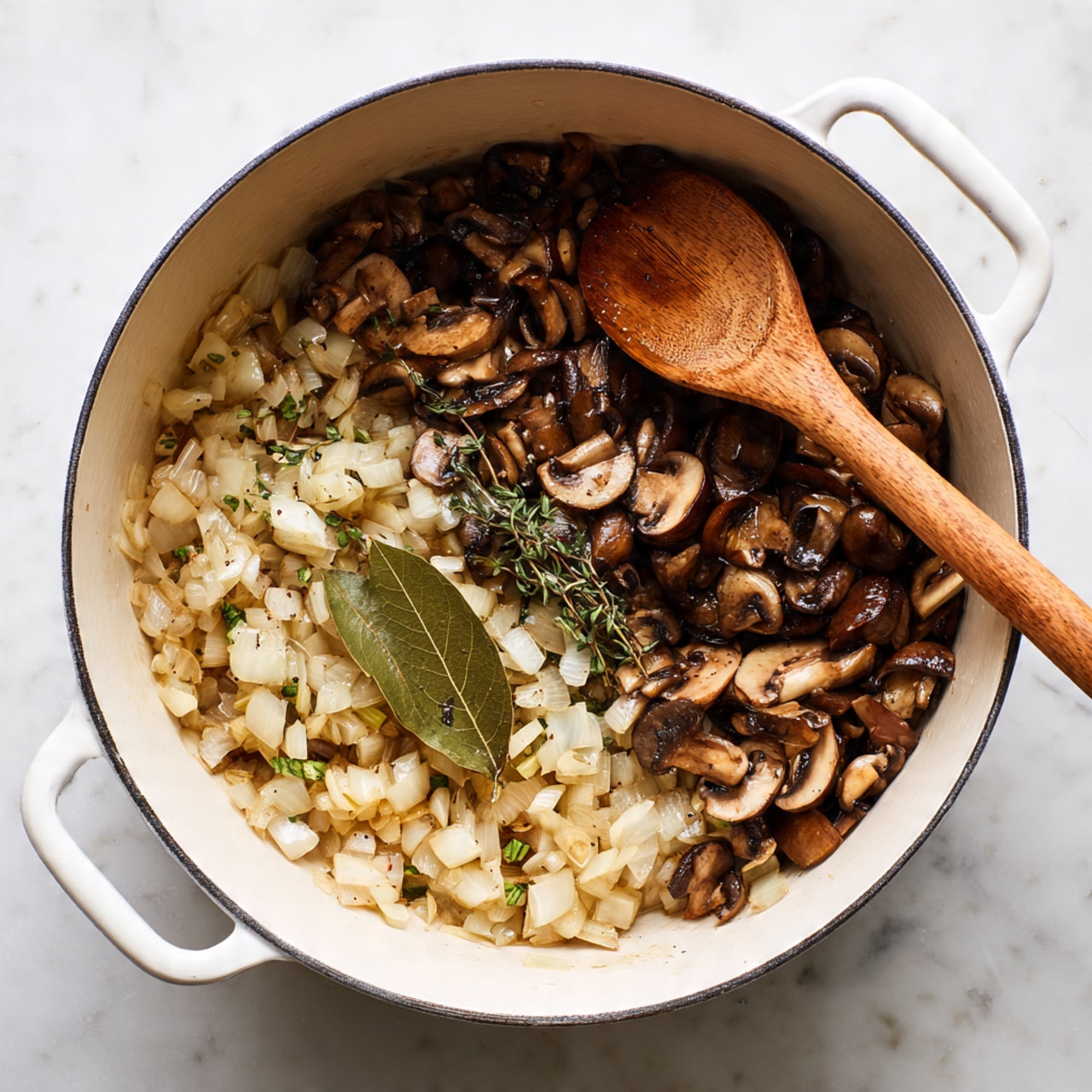 A white pot filled with two main layers: the bottom layer has light brown cooked onions cut into medium pieces with a soft texture, and the top layer shows dark brown sautéed mushroom slices mixed with chopped onions and small green herb bits scattered around. There is a whole dried bay leaf resting on top among the onions and mushrooms. Inside the pot, there is a medium brown wooden spoon with a smooth texture placed on the right side, partially covered by the vegetables. The pot is on a white marbled surface. Photo taken with an iphone --ar 4:5 --v 7