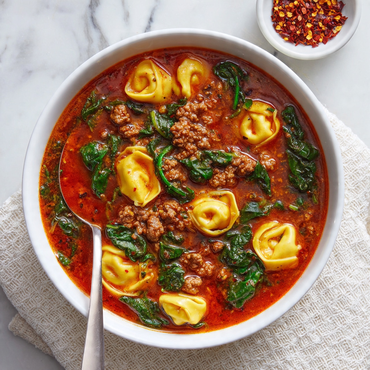 A white bowl filled with a rich red broth that has small pieces of cooked ground meat and bright green leafy spinach floating on top. There are yellow tortellini pasta with slightly wrinkled edges spread evenly throughout the soup. A spoon with some soup and tortellini is placed inside the bowl. The background is a white marbled surface with a textured white cloth and a small bowl of red chili flakes partly visible near the top edges. photo taken with an iphone --ar 4:5 --v 7