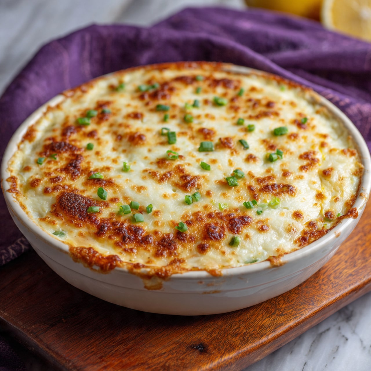 A round white dish filled with a baked layered dish showing a bubbly, slightly browned white melted cheese top sprinkled with small green onion pieces. The dish rests on a wooden surface, with a purple cloth, a lemon, and a blurred out white marbled background behind it. The texture of the cheese is smooth with some browned spots giving a slightly crispy look. photo taken with an iphone --ar 4:5 --v 7