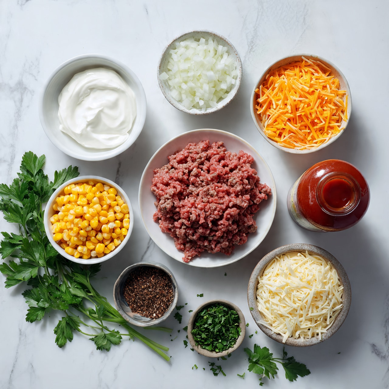 The image shows several bowls and a white plate with raw ground meat arranged neatly on a white marbled surface. There are five bowls: one with white cream, one with finely chopped white onions, one filled with shredded orange and white cheese, one with yellow corn kernels, and one with dark brown spices. A can of diced tomatoes and a bottle of red taco sauce are placed beside the bowls. Fresh parsley leaves are scattered around the setup. Photo taken with an iphone --ar 4:5 --v 7