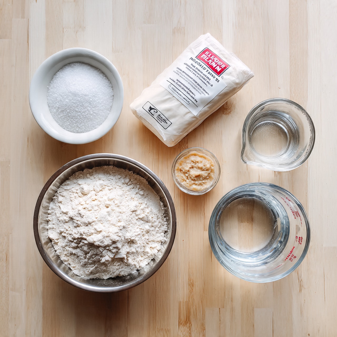 The image shows five baking ingredients arranged neatly on a light wooden surface. In the center bottom, there is a silver metal bowl filled with white flour. Above it is a white bowl containing a sticky beige mixture. To the left of the metal bowl is a small clear glass bowl with white salt. Above the salt is a white packet of platinum baking yeast with red and black text. To the right side, there is a clear glass measuring cup partially filled with water. The scene is simple and clean, with all items spaced evenly. photo taken with an iphone --ar 4:5 --v 7