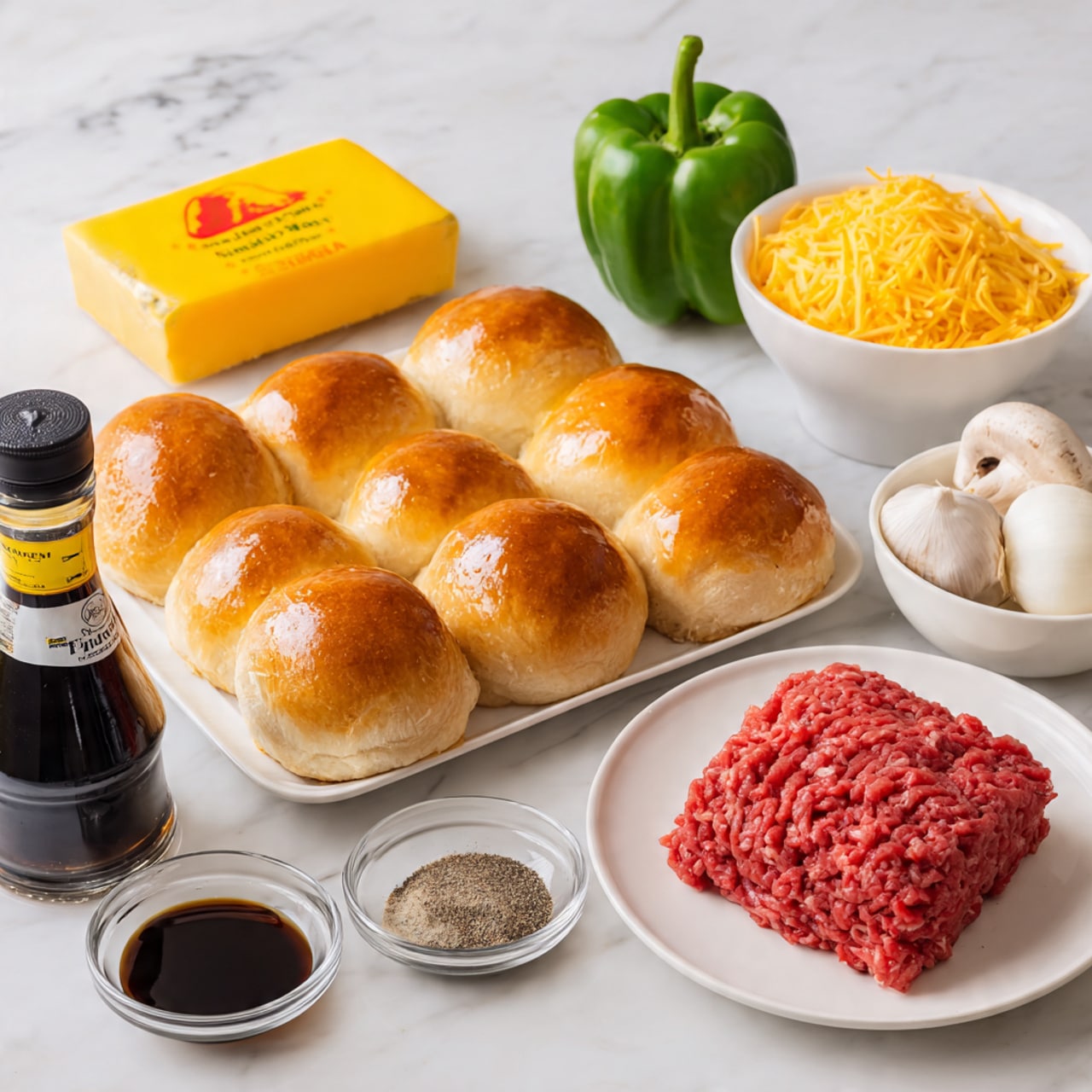 The image shows ten pieces of round bread rolls with a golden brown shiny crust on a white marbled surface in the top right corner. To the left of the rolls is a rectangular block of yellow cheese in a yellow and red wrapper, a green bell pepper, a clear bottle of soy sauce with a black top, a white bowl filled to the top with grated yellow cheddar cheese, a white onion, a white mushroom, and a small bowl of black pepper. At the bottom, a white round plate holds a block of raw ground beef with a red color and a rough texture. All items are arranged neatly on a white marbled surface. Photo taken with an iphone --ar 4:5 --v 7