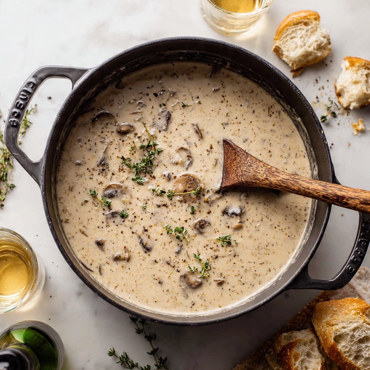 A black pot filled with creamy mushroom soup that has a smooth, pale beige layer with specks of brown mushroom pieces and small green herb leaves scattered on top. A wooden spoon with visible texture rests inside the pot, partially covered in the soup. Around the pot, there are pieces of rustic bread and sprigs of thyme resting on a white marbled surface. Two clear glass cups with a light golden drink sit near the top edge, and a small green bottle is placed toward the bottom left side of the frame. photo taken with an iphone --ar 4:5 --v 7