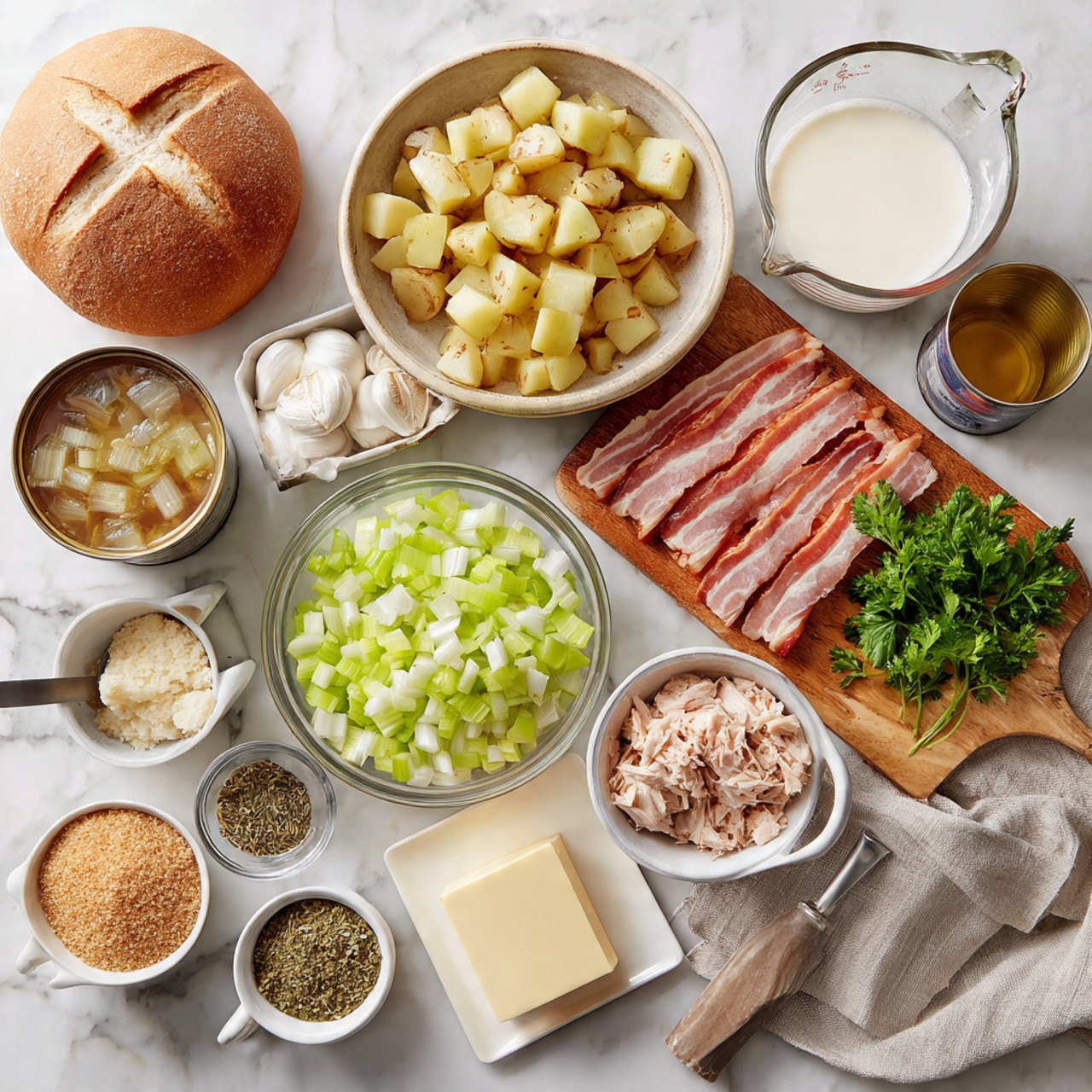 The image shows many small clear bowls and containers arranged neatly on a white marbled surface. There are diced potatoes, chopped celery, chopped onions, and chopped leeks in some bowls. A small wooden board holds slices of uncooked bacon with a bunch of fresh parsley. There are two garlic cloves placed nearby. A round loaf of bread with a small cross mark on top is on the left side. A clear measuring cup with milk, a small block of butter on a white square dish, a small bowl of dried breadcrumbs, and a measuring cup with broth are also visible. Two small bowls with dried herbs, a small dish with white powder, and an open can of shredded canned chicken are part of the setup. A light-colored cloth napkin is tucked to the right side of the wooden board. The whole scene looks clean and ready for cooking preparation photo taken with an iphone --ar 4:5 --v 7