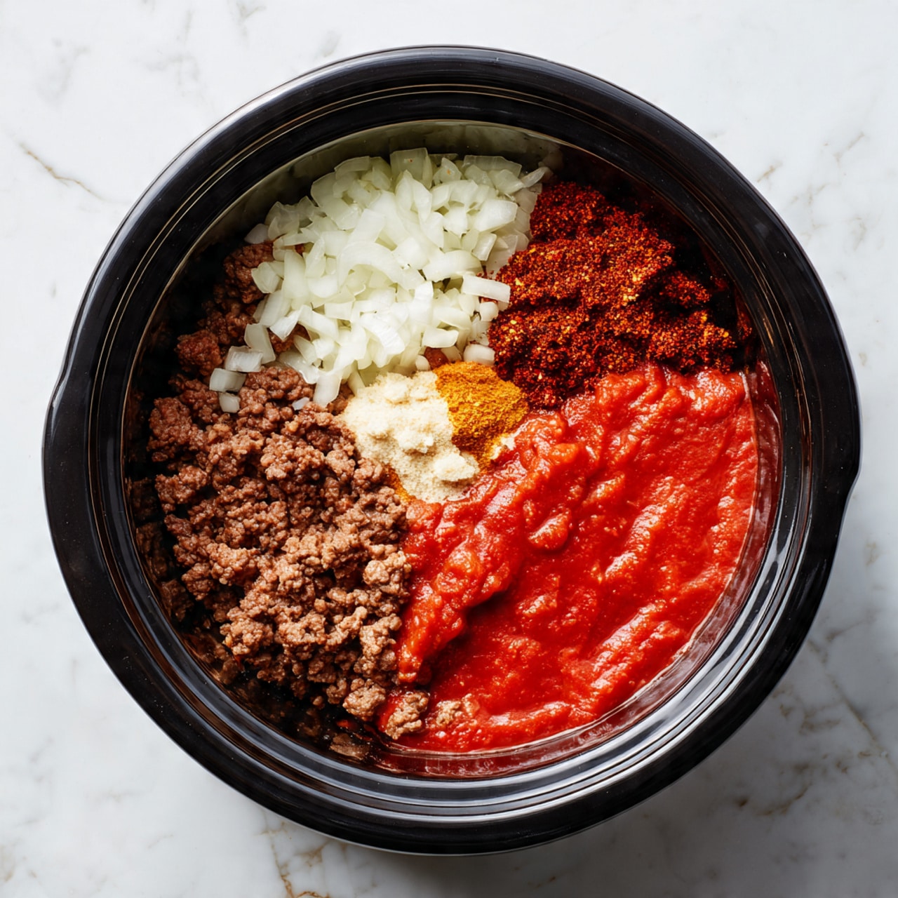 Inside a black slow cooker on a white marbled surface, there are four main layers shown from above. One layer is cooked ground beef, brown and crumbly, positioned along the bottom left and bottom center areas. On top of the beef in the upper left, there is a pile of finely chopped white onions with a somewhat translucent texture. Next to the onions, on the upper right side, a cluster of reddish-brown spices is layered, adding a grainy texture and rich color. Overlapping the bottom right side of the beef and spices is a thick, smooth layer of bright red tomato sauce, adding a vivid splash of color inside the cooker. photo taken with an iphone --ar 4:5 --v 7