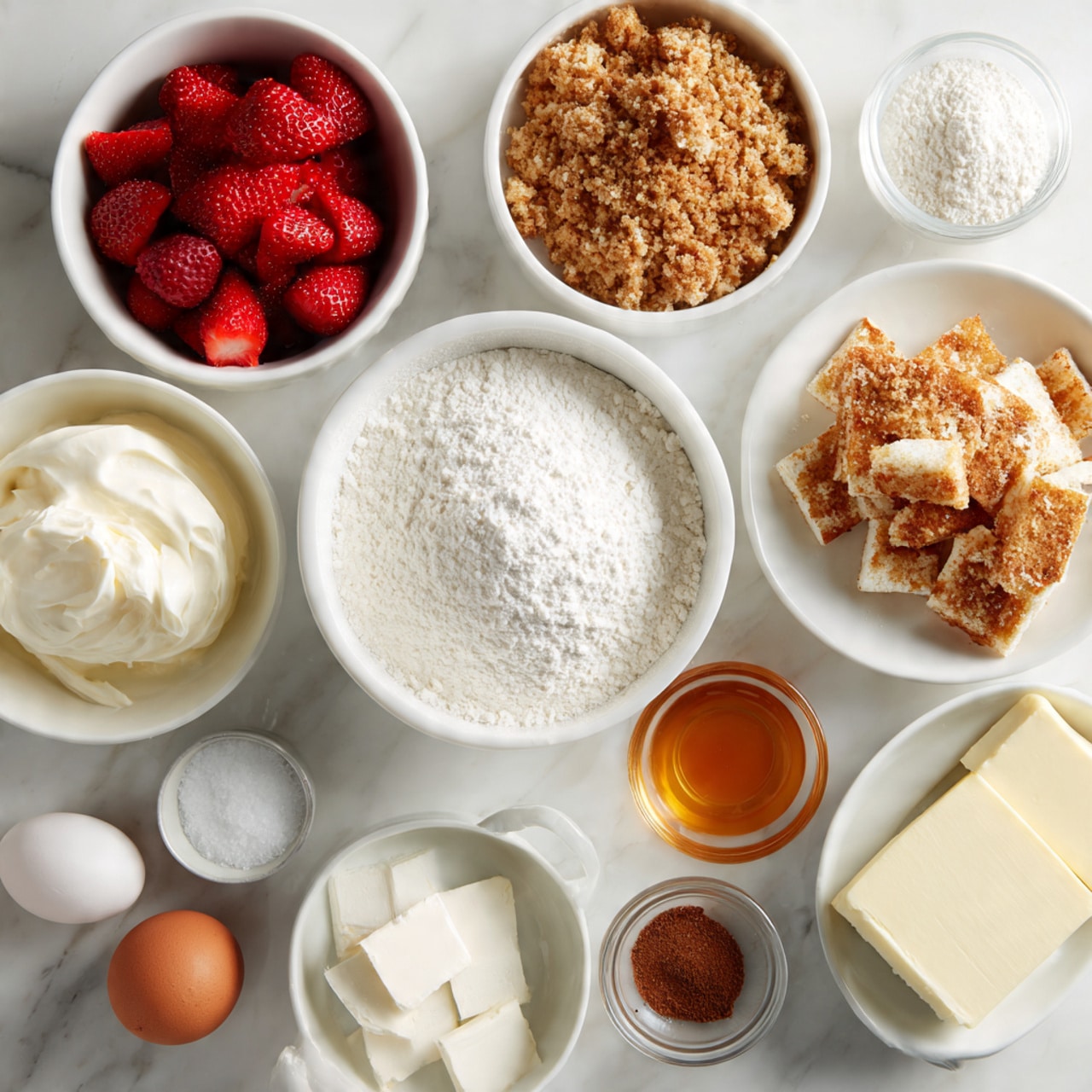 A white marble surface holds multiple white bowls and plates arranged neatly, each filled with baking ingredients. One bowl is filled with small red strawberry pieces, another contains golden brown crushed crackers or crumbs. A large white bowl in the center is heaped with white powdery flour. Around these are smaller white containers with white sugar, soft white cream cheese, and a smooth golden butter stick. There is also a small glass bowl with a light amber liquid, a brown spice in a tiny white bowl, a single brown egg, and a small white grater. The setup looks ready for baking. Photo taken with an iphone --ar 4:5 --v 7