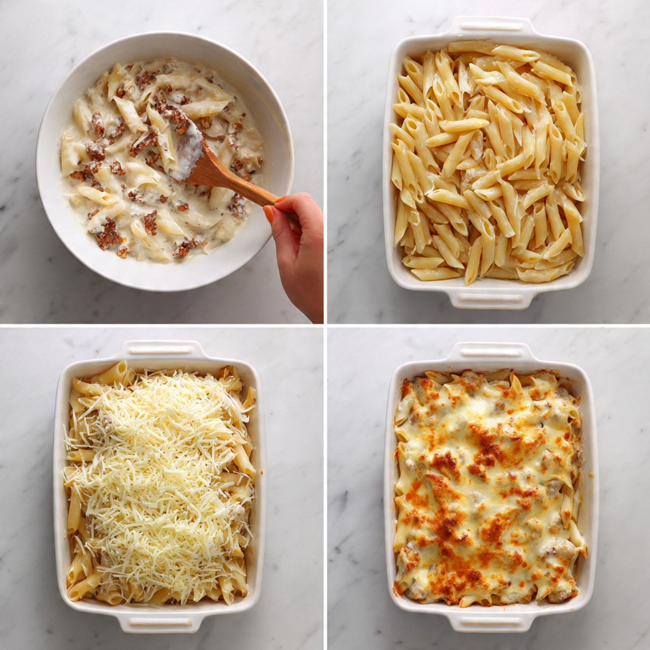 The image shows four steps of a baked pasta dish process on a white marbled surface: 1) a white bowl filled with cooked penne pasta mixed with a creamy sauce, small bits of browned meat, and some cheese, being stirred with a wooden spoon held by a woman's hand; 2) the pasta mixture spread evenly in a white rectangular baking dish, showing creamy sauce and pasta pieces with some meat bits; 3) the same pasta layer covered with a thick, even layer of shredded cheese on top, filling the white baking dish; 4) the final baked pasta dish with a golden, bubbly cheese layer covering the surface, with browned edges indicating it is cooked through, all neatly inside the white baking dish photo taken with an iphone --ar 4:5 --v 7