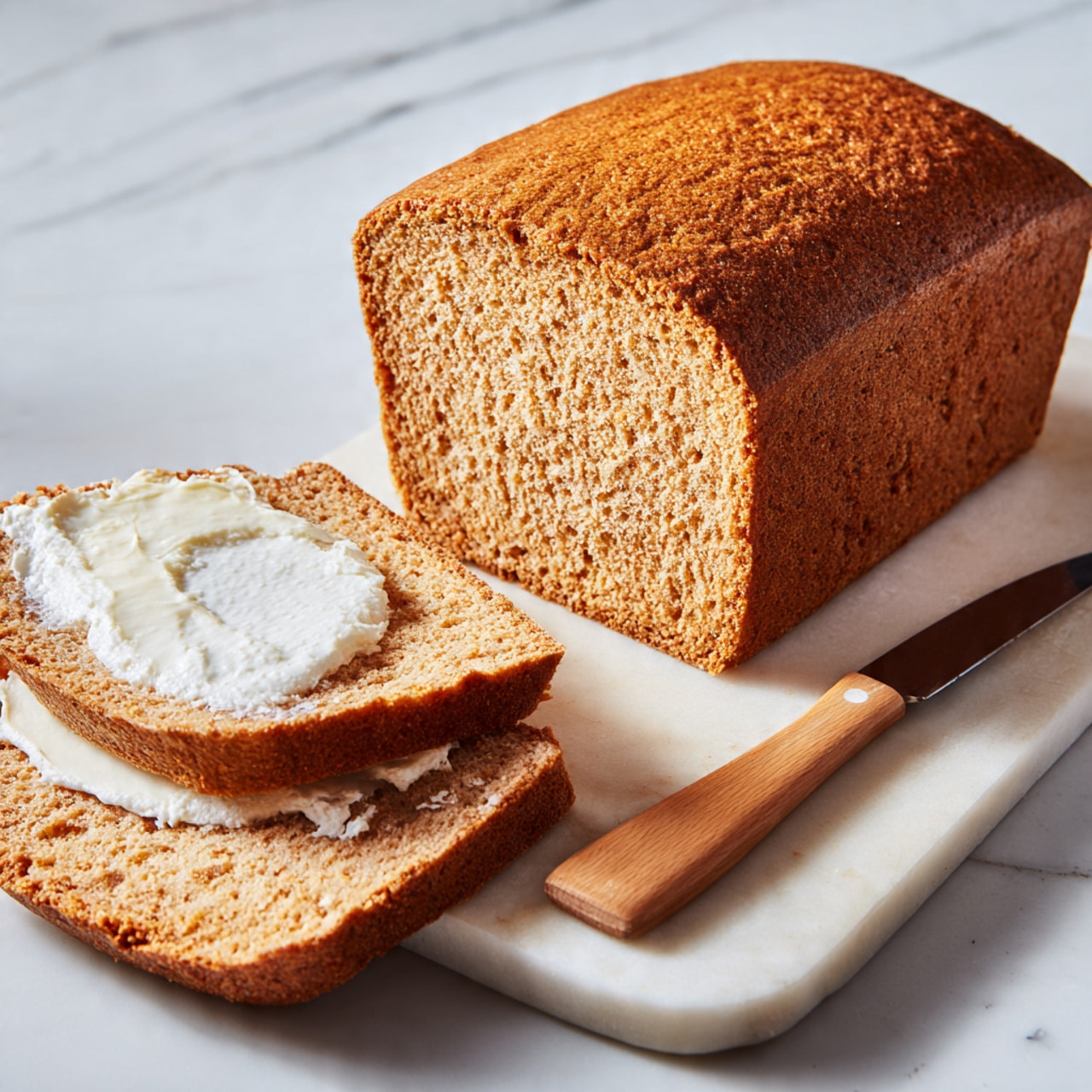 The image shows a loaf of brown bread with a golden, slightly crispy top layer. The loaf is placed on a white cutting board on a white marbled surface. Two slices are separated from the loaf: one slice is plain with a soft, crumbly texture, and the other slice has a thick layer of white butter spread unevenly on one side. A wooden butter spreader rests between the two slices. The scene is well lit, showing clear details of the bread's texture and butter shine. Photo taken with an iphone --ar 4:5 --v 7