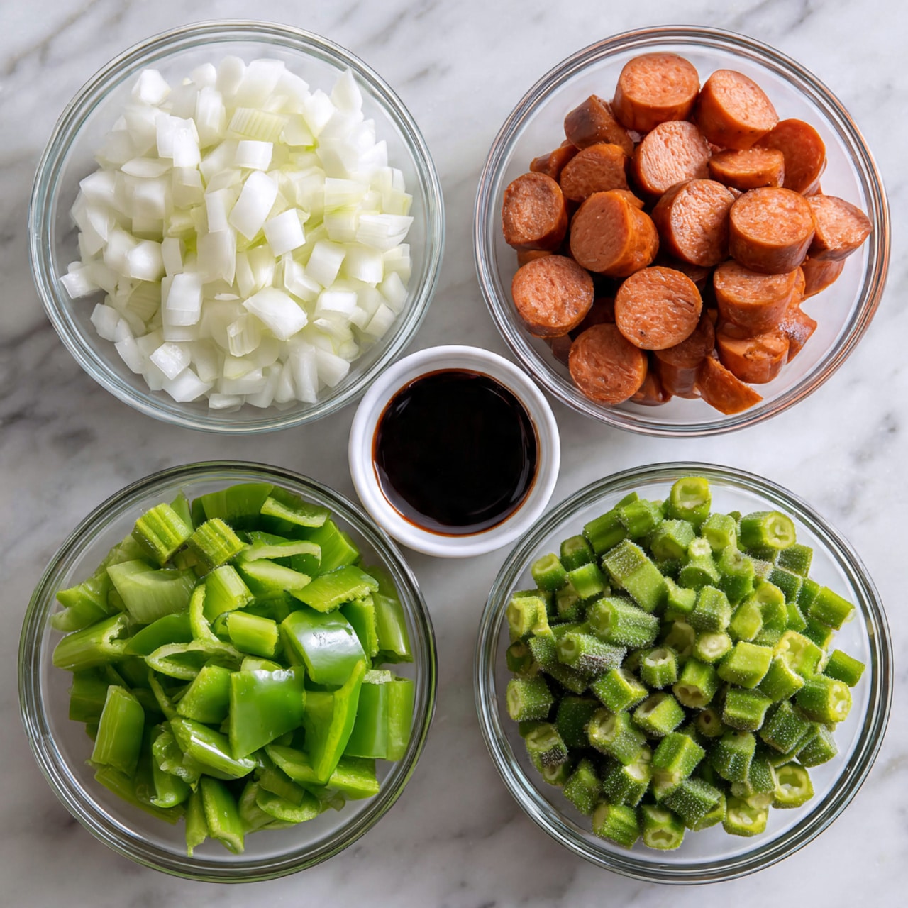 There are six clear glass bowls arranged in a neat grid on a white marbled surface. The top row has diced white onions in the left bowl, a small white ramekin of dark brown liquid sauce in the middle, and sliced round pieces of reddish-orange sausage in the right bowl. The middle row has light green sliced celery in the left bowl and chopped green bell pepper in the right bowl. The bottom row has two bowls of frozen green okra pieces, one to the left and one to the right. The bowls and ramekin are evenly spaced, showing a clear view of each ingredient, photo taken with an iphone --ar 4:5 --v 7