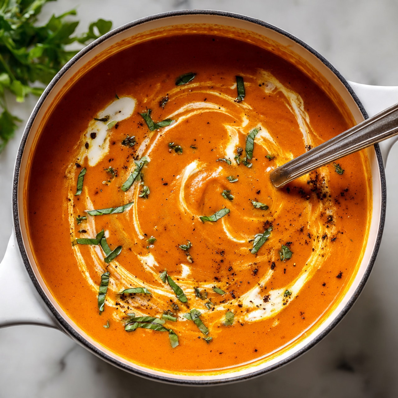 A close-up view of a white pot filled with bright orange tomato soup that has small chunks of soft cooked vegetables. There are swirls of creamy white liquid dispersed around the soup surface and thin green strips of fresh basil scattered on top. A silver spoon rests inside the soup, partly dipped in the middle, showing the texture of the thick soup. The pot sits on a white marbled surface with some greenery blurred in the background. Photo taken with an iphone --ar 4:5 --v 7
