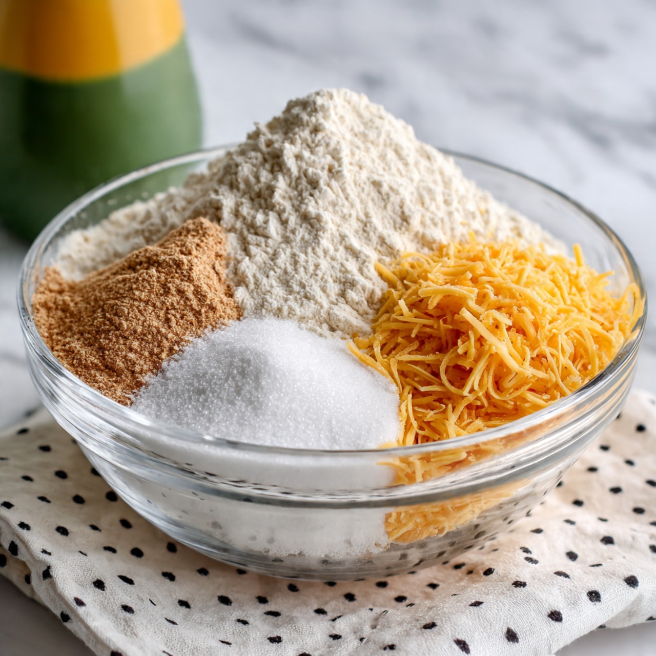 A clear glass bowl filled with four layers of dry ingredients placed separately: a large pile of white flour on the left, a smaller mound of granulated white sugar in front, a small heap of light brown powder behind the sugar, and a generous pile of orange shredded cheese on the right. The bowl sits on a white cloth with black dots, and the background is a white marbled texture. There is a green and yellow bottle out of focus in the background. photo taken with an iphone --ar 4:5 --v 7