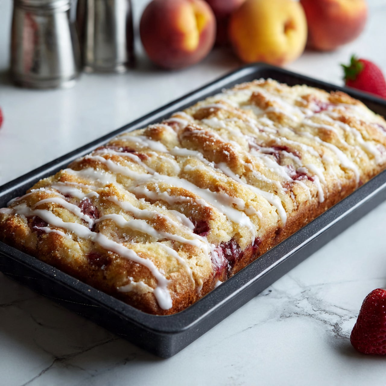 The image shows a white square baking pan filled with golden brown cake, studded evenly with round dollops of red jam on top. The cake looks soft and moist with a slightly rough and crumbly surface. In one photo, a woman's hand is holding a spoon, adding jam into the holes on the cake before baking. The pan sits on a white marbled surface, and some bowls and jars of ingredients are nearby in one image. In the close-up, a square piece of cake is served on parchment paper, revealing a light, fluffy inside with bits of red jam inside. The overall scene looks warm and inviting, with soft natural light. photo taken with an iphone --ar 4:5 --v 7