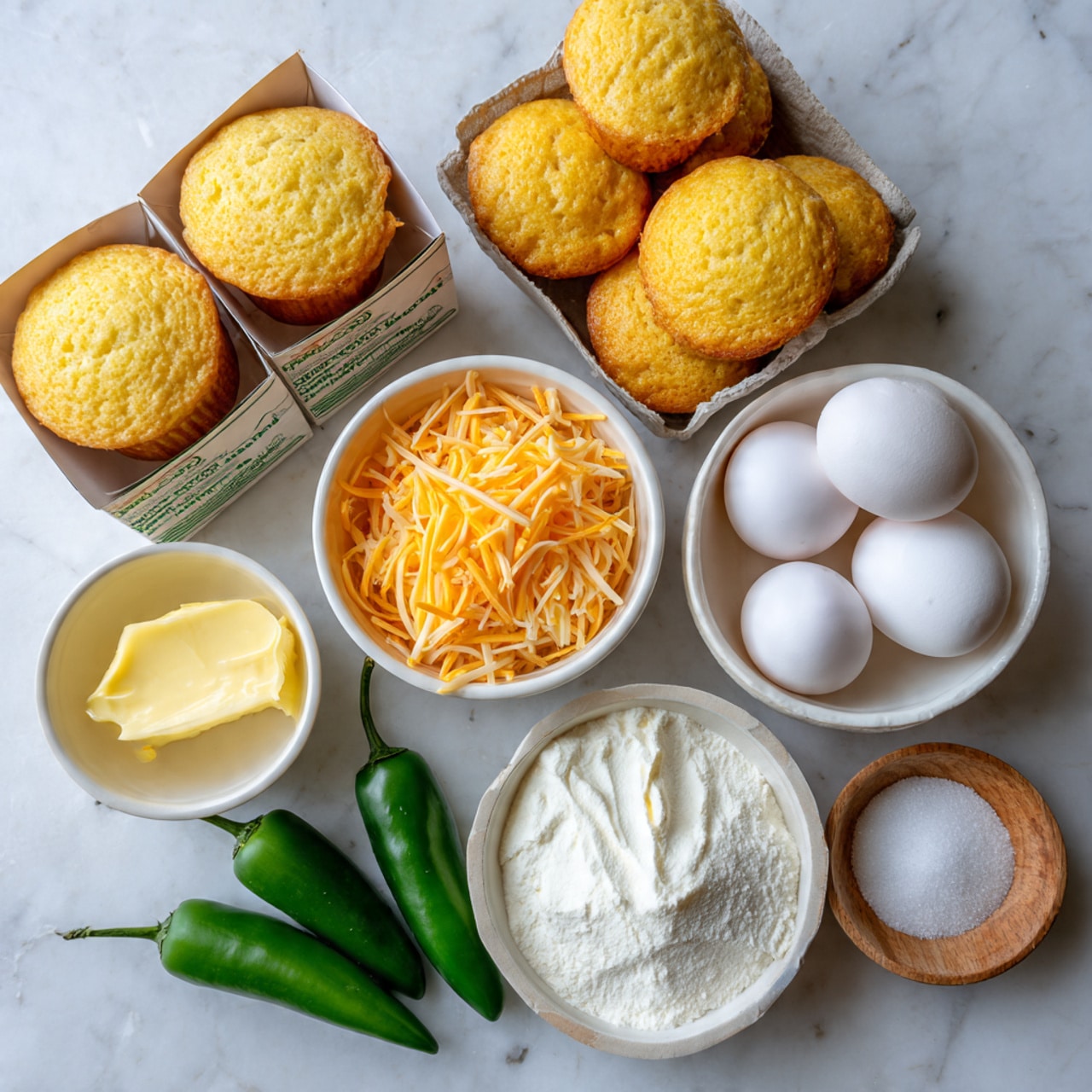 The image shows ingredients on a white marbled surface, including two boxes of corn muffin mix with yellow muffins pictured, a white bowl full of shredded orange cheese, two white eggs, a white bowl with thick white cream, a small wooden bowl with white sugar, two green jalapeño peppers, and a white bowl with melted yellow butter. Photo taken with an iphone --ar 4:5 --v 7
