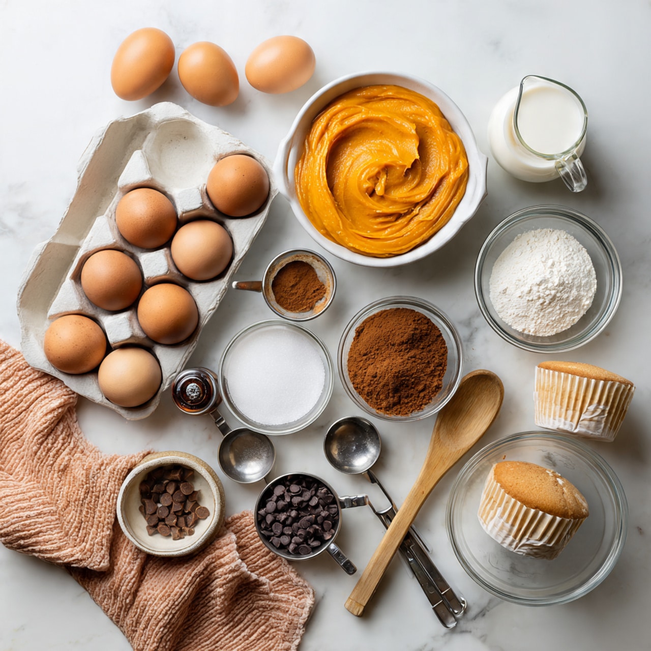 The image shows a top view of various baking ingredients and tools arranged on a white marbled surface. There are six brown eggs, some inside a white tray and one loose in the middle left. A small glass jug filled with milk is placed near the top center. A white bowl contains smooth, thick orange pumpkin puree positioned in the top right. A small glass bowl of white granulated sugar and another glass bowl filled with light brown sugar sit side by side near the center. Near those, there is a glass bowl with brown spices, likely cinnamon, and a small metal measuring cup with dark chocolate chips. Several metal measuring spoons and cups are scattered around, including a set attached by a ring. At the bottom right, a clear glass mixing bowl holds a wooden spoon resting inside it. Near the mixing bowl, a stack of beige muffin liners and some loose liners sit in a white muffin baking tray. A bottle of vanilla extract and a small bottle of clear oil are also visible. A peach-colored textured cloth is seen at the bottom left corner. Everything is neatly arranged and bright photo taken with an iphone --ar 4:5 --v 7