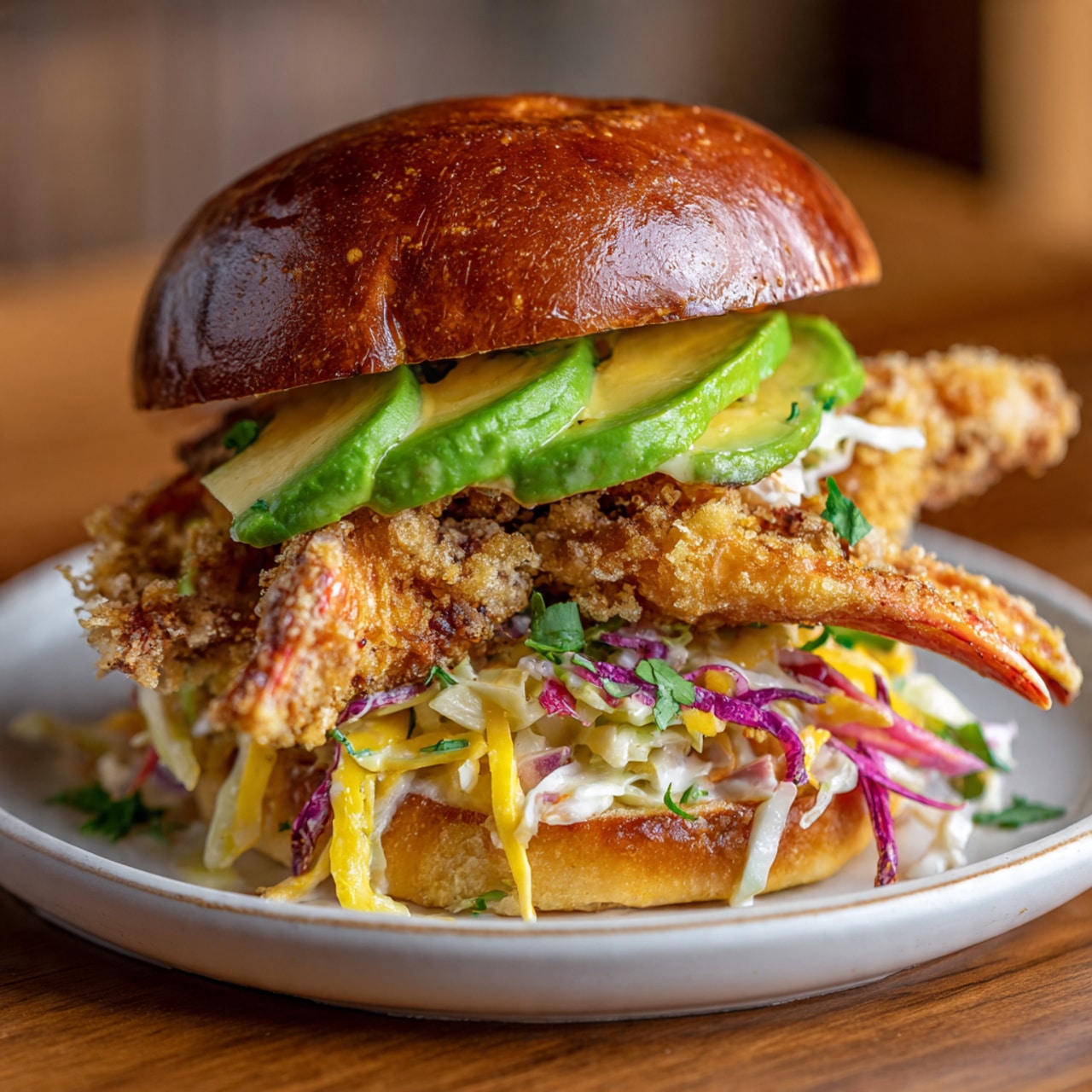 The image shows a sandwich with a shiny brown bun on top. Below the top bun, there are green slices of avocado layered neatly. Under the avocado, there is a breaded and fried soft shell crab with its legs extending out from the sandwich. Below the crab, there is a layer of colorful slaw made of yellow, purple, and white shredded vegetables mixed with green herbs. Beneath the slaw, a light-colored toasted bun forms the base. The sandwich is placed on a small round white plate, and the plate sits on a wooden surface that has a warm tone. photo taken with an iphone --ar 4:5 --v 7