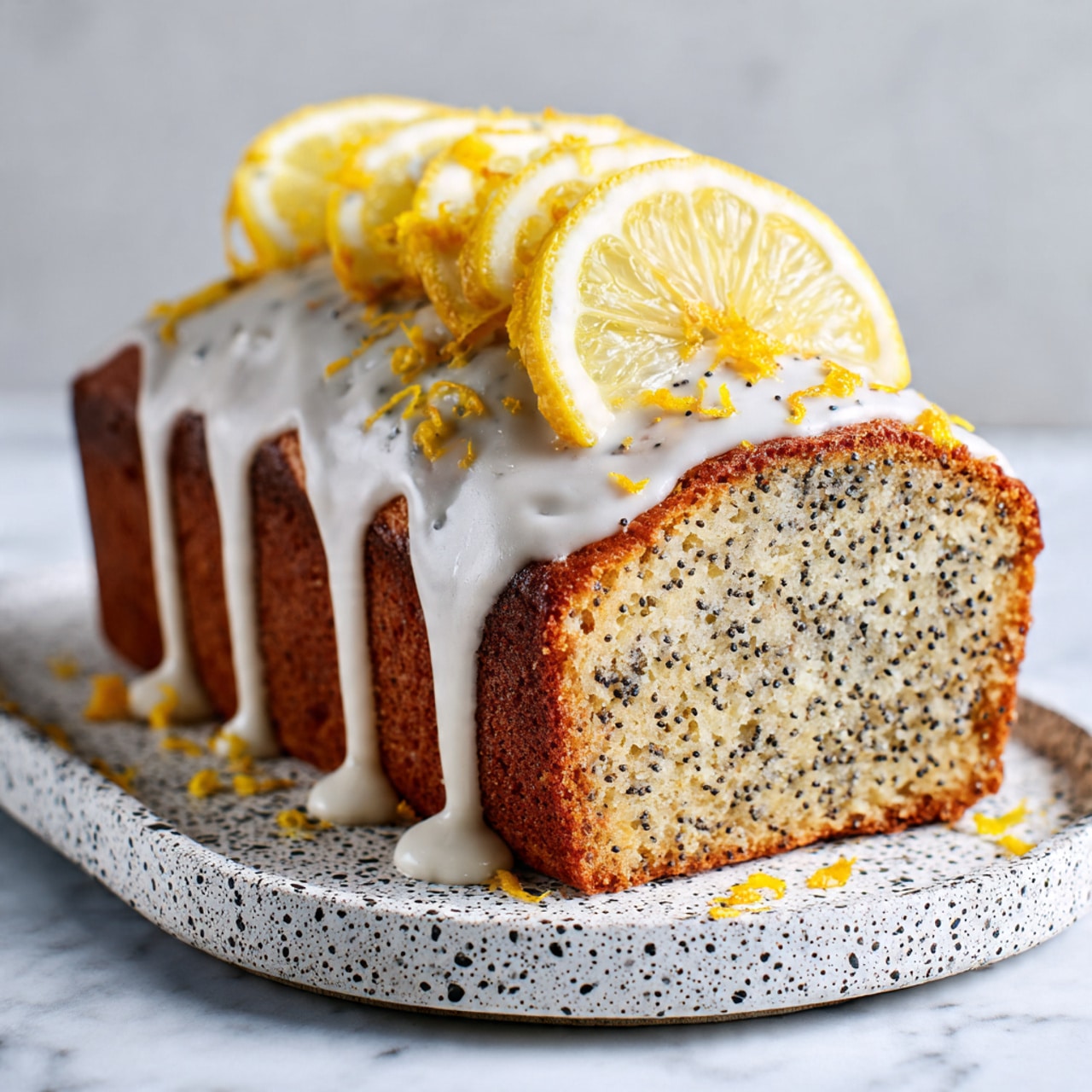 A moist lemon poppy seed cake with a golden brown outer layer and a light yellow inside dotted with black poppy seeds. The cake is sliced to show a thick texture, topped with a smooth white glaze that drips down the sides. On top, there are two thin bright yellow lemon slices and some small lemon zest pieces scattered over the glaze. The cake sits on a white plate with black speckles, placed on a white marbled surface. photo taken with an iphone --ar 4:5 --v 7